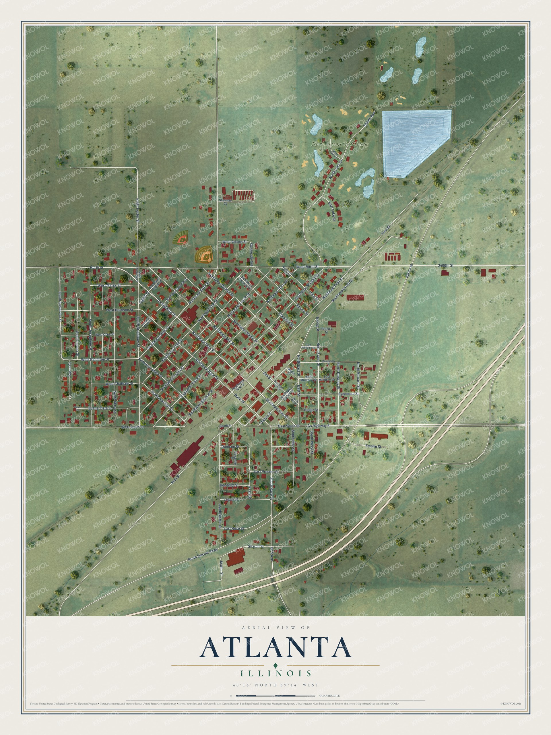 Full map of Atlanta, Illinois, with red buildings, printed street names and the land around them