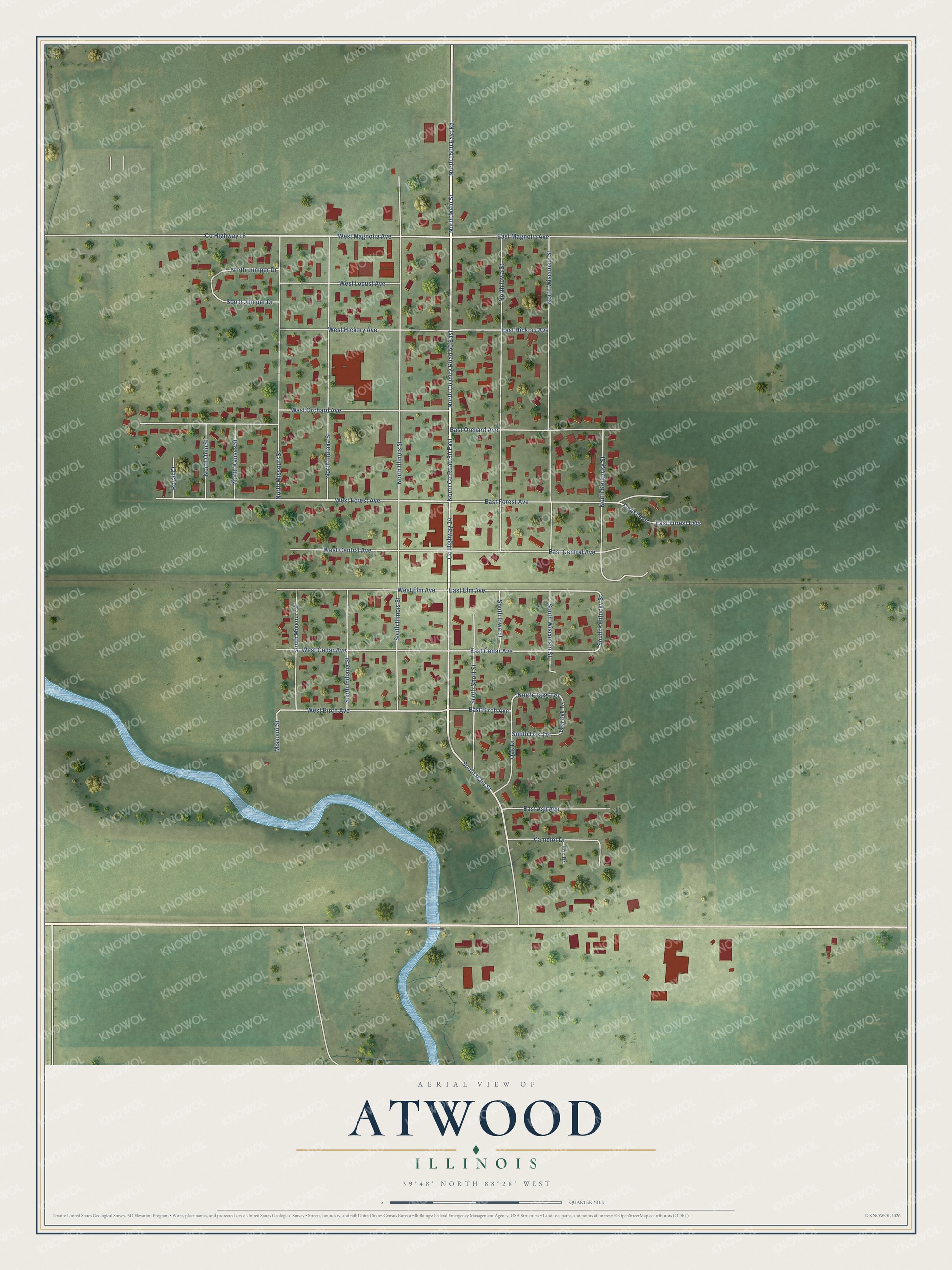 Full map of Atwood, Illinois, with red buildings, printed street names and the land around them
