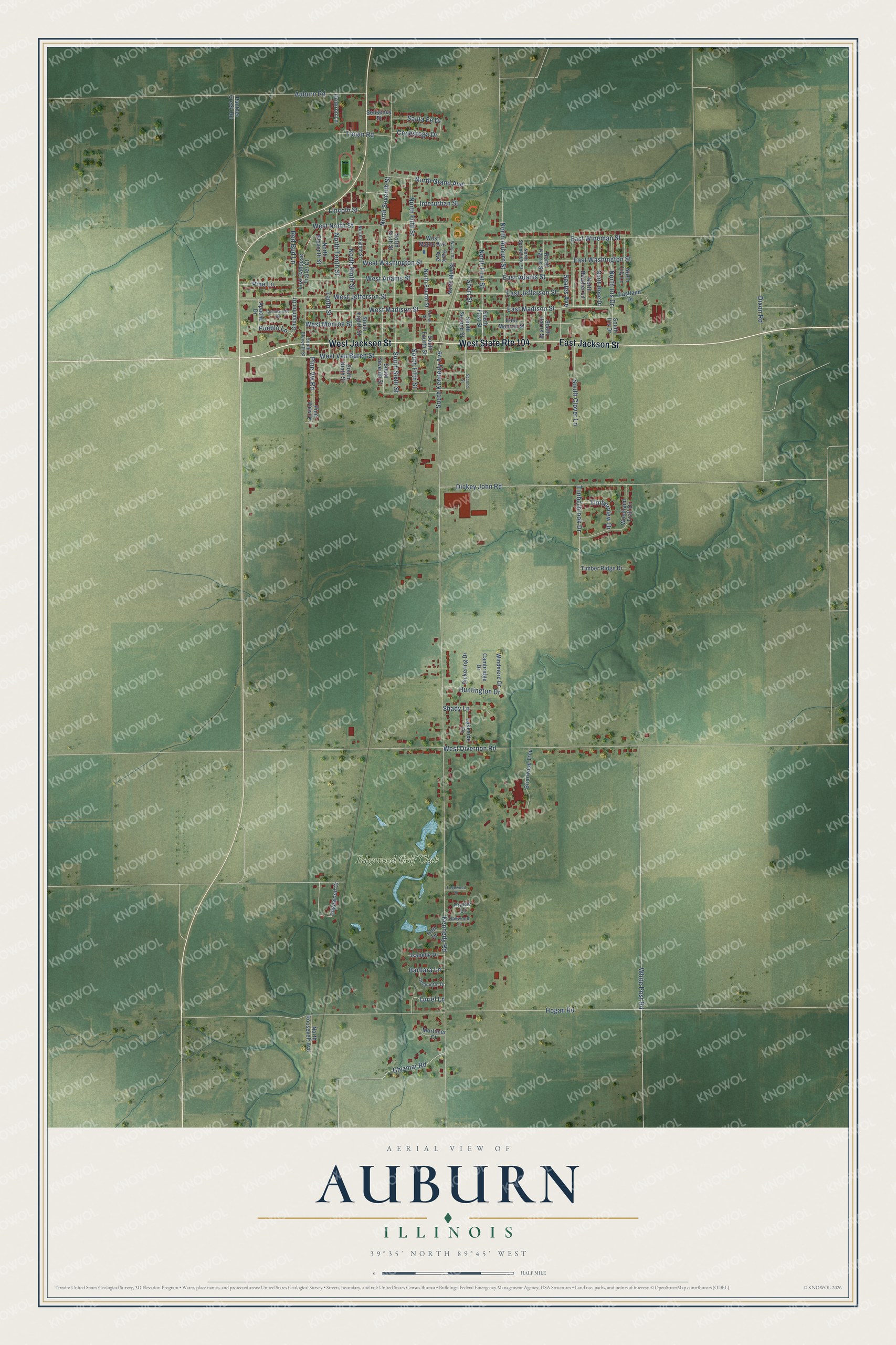 Full map of Auburn, Illinois, with red buildings, printed street names and the land around them