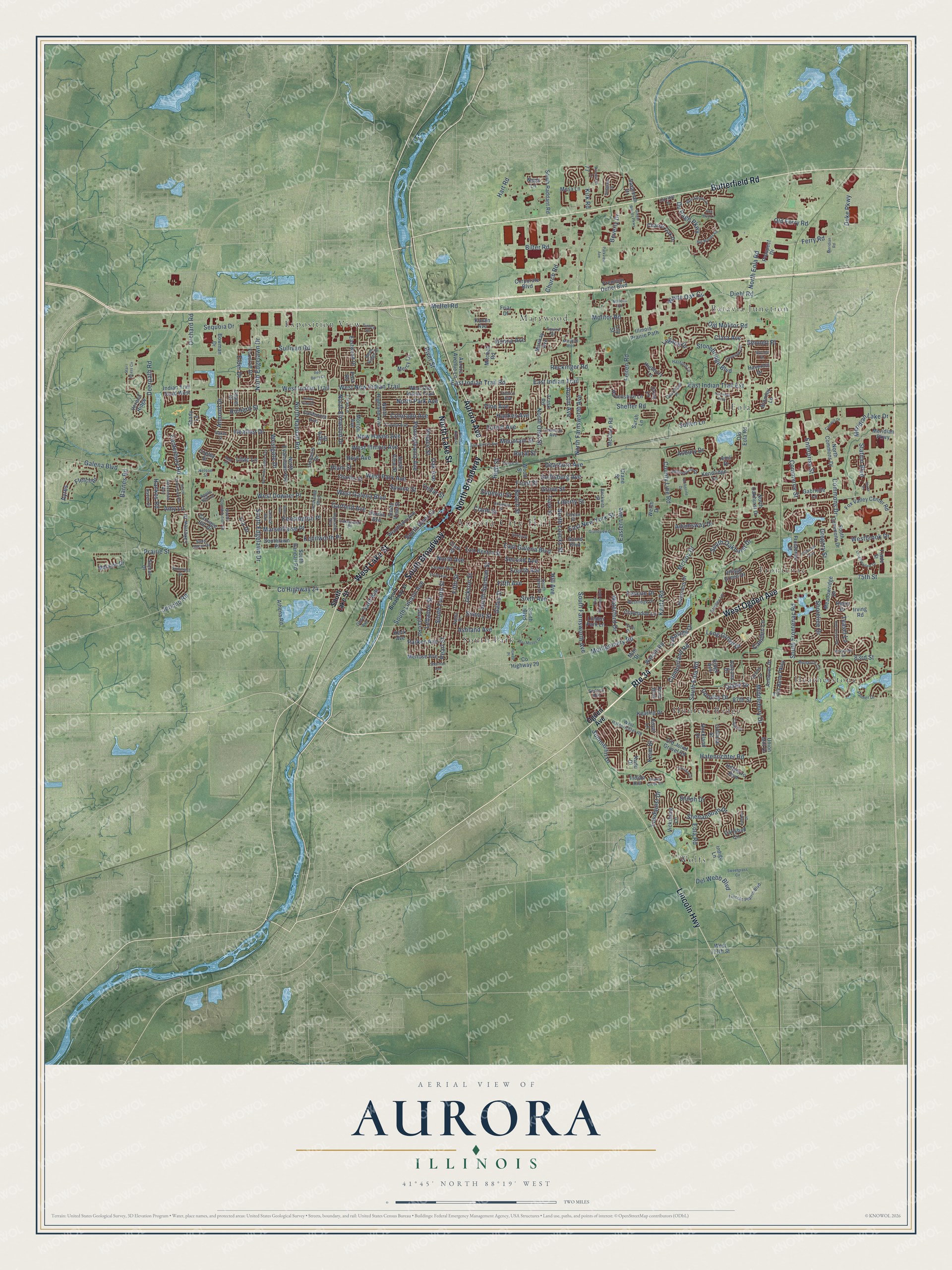 Full map of Aurora, Illinois, with red buildings, printed street names and the land around them