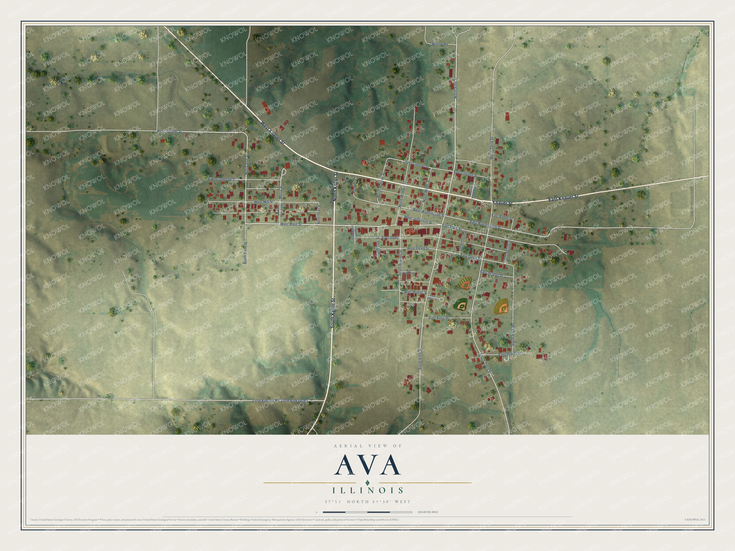 Full map of Ava, Illinois, with red buildings, printed street names and the land around them