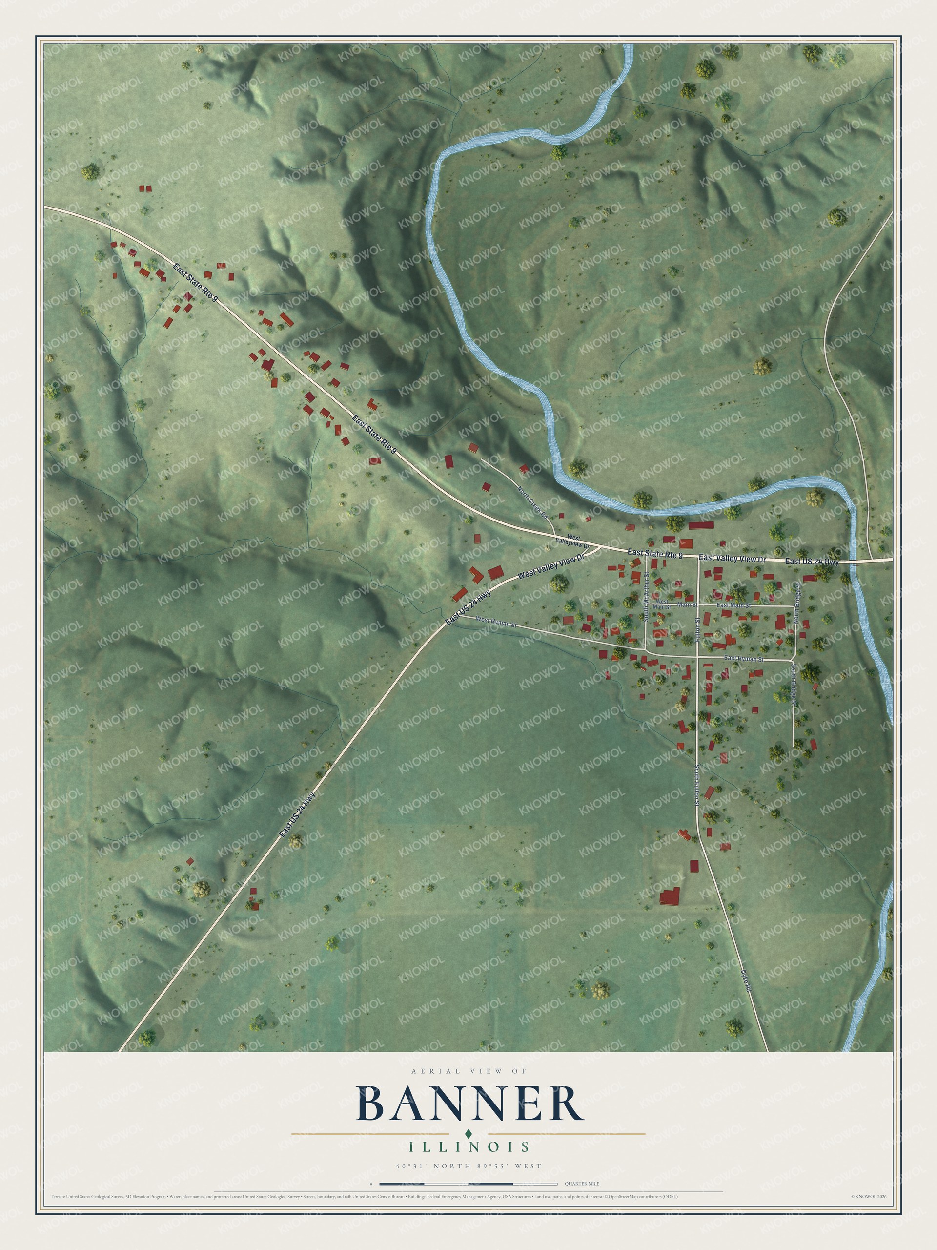 Full map of Banner, Illinois, with red buildings, printed street names and the land around them