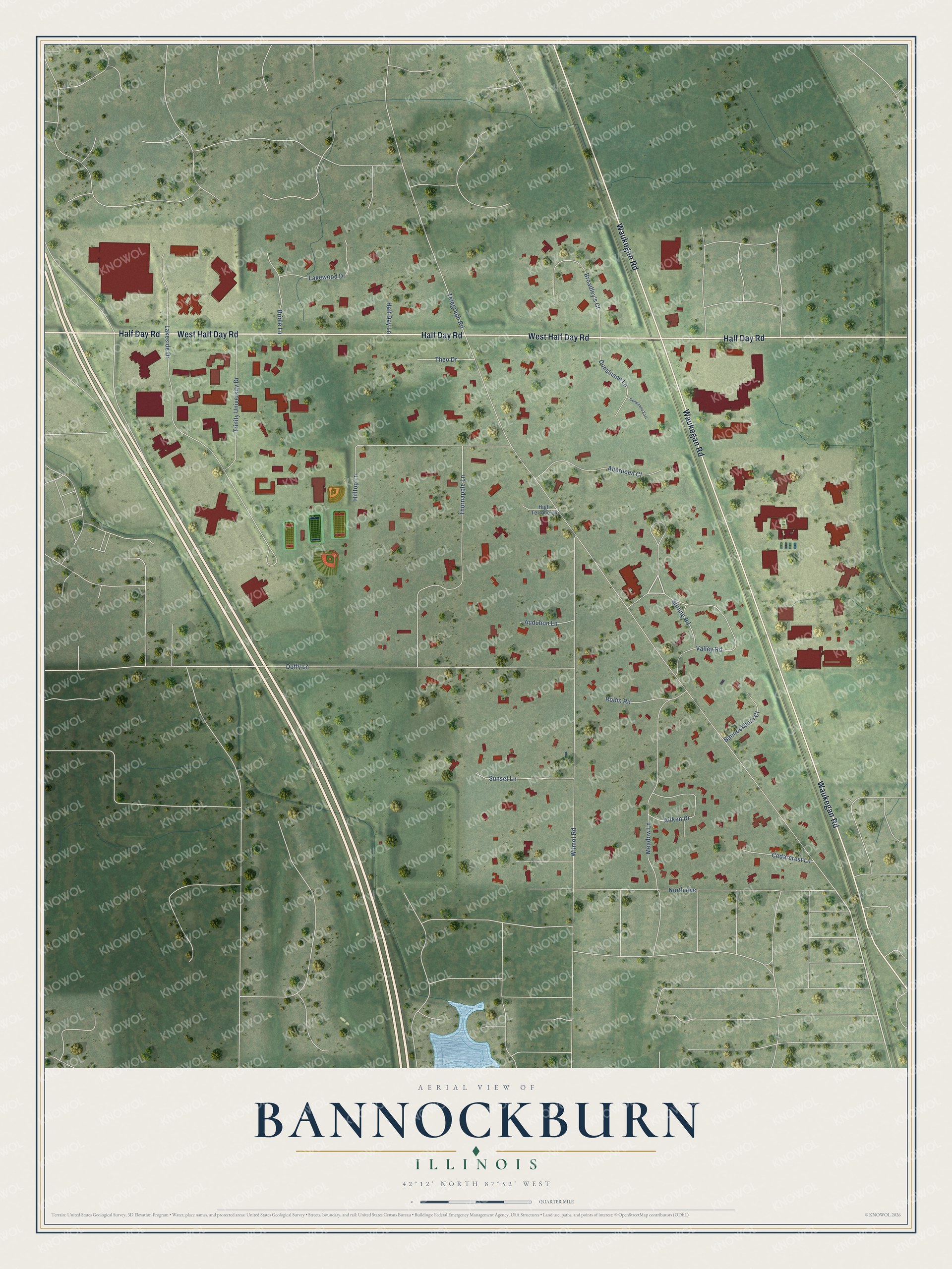 Full map of Bannockburn, Illinois, with red buildings, printed street names and the land around them