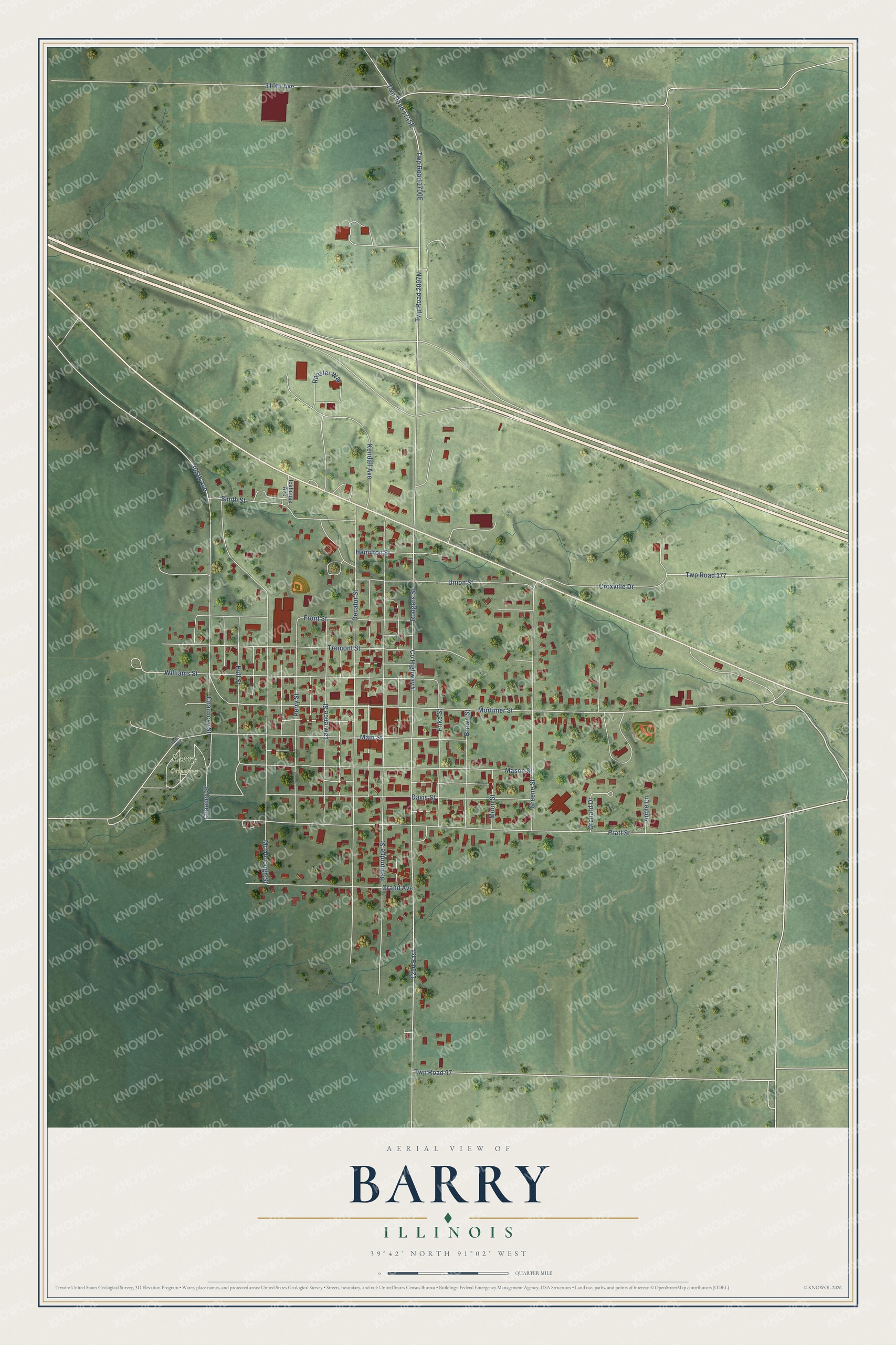 Full map of Barry, Illinois, with red buildings, printed street names and the land around them
