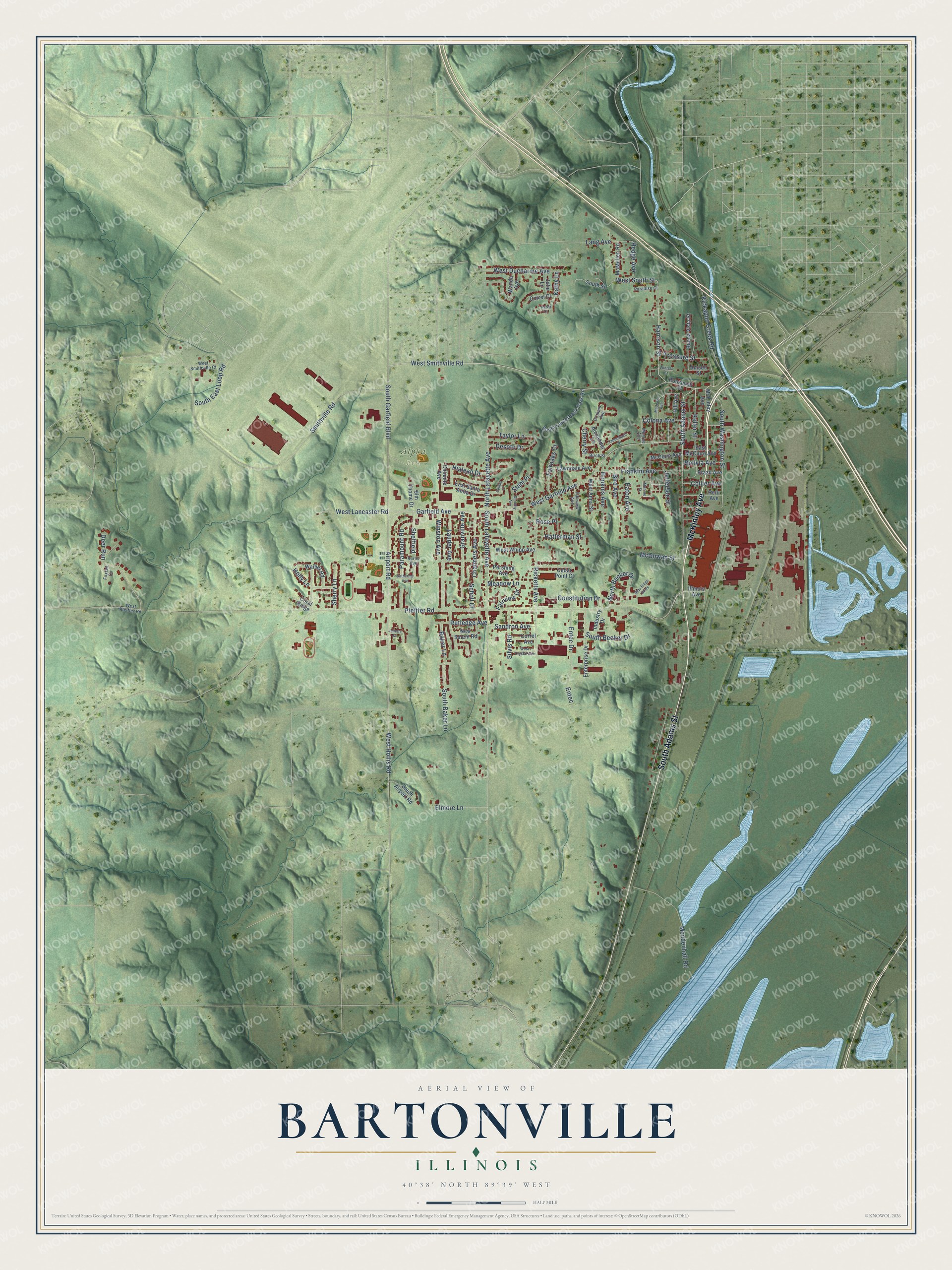 Full map of Bartonville, Illinois, with red buildings, printed street names and the land around them