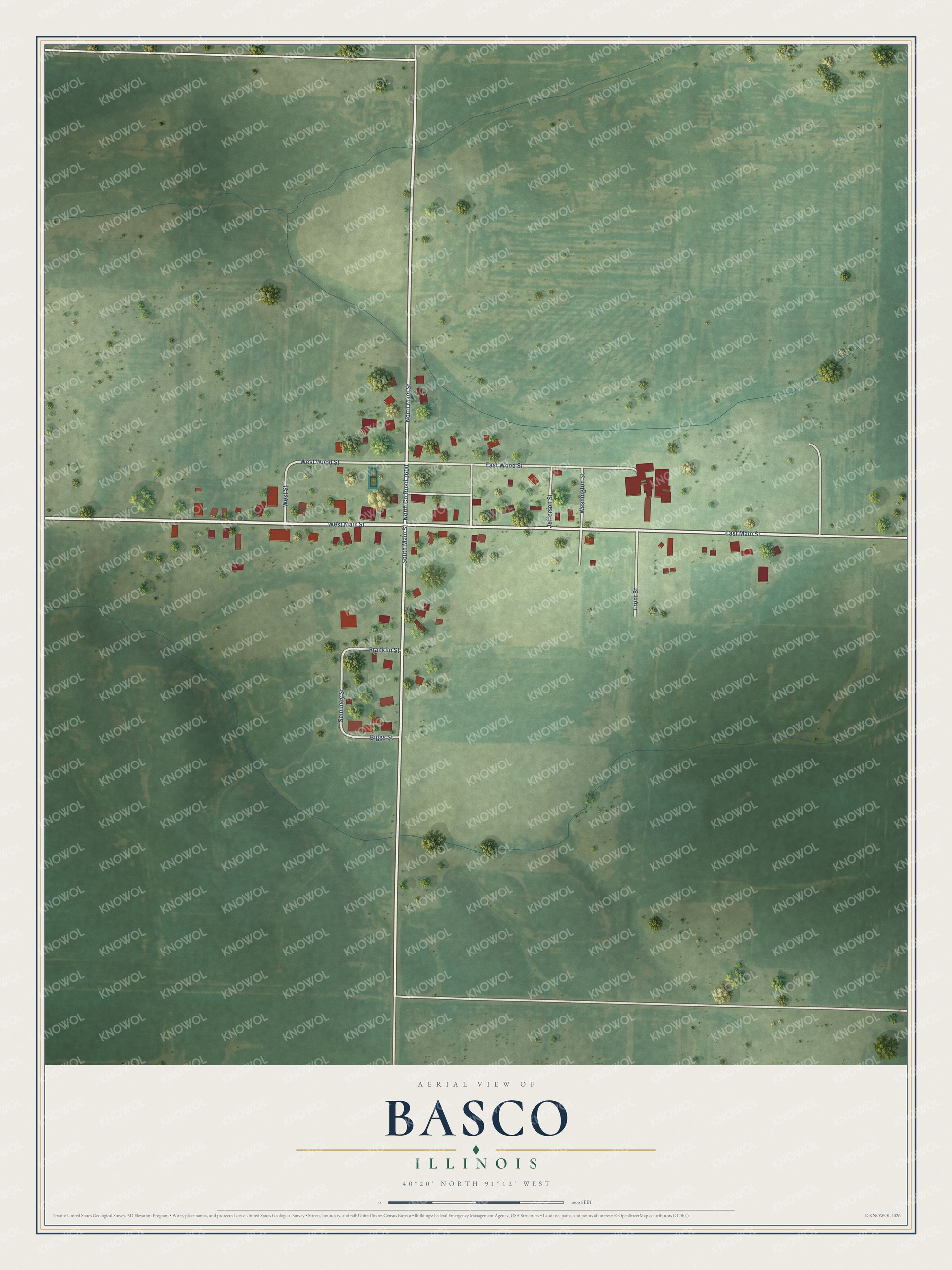 Full map of Basco, Illinois, with red buildings, printed street names and the land around them