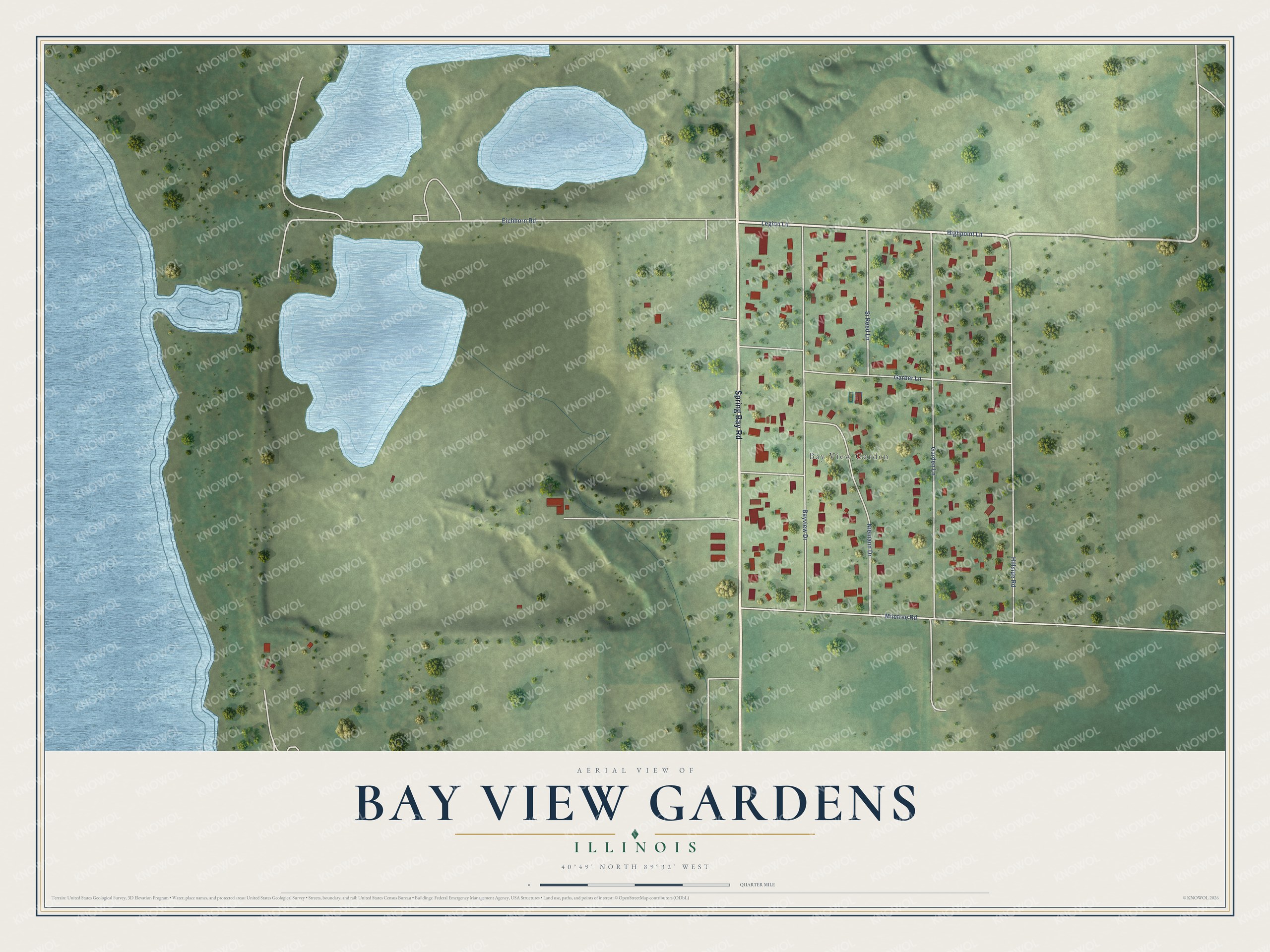 Full map of Bay View Gardens, Illinois, with red buildings, printed street names and the land around them
