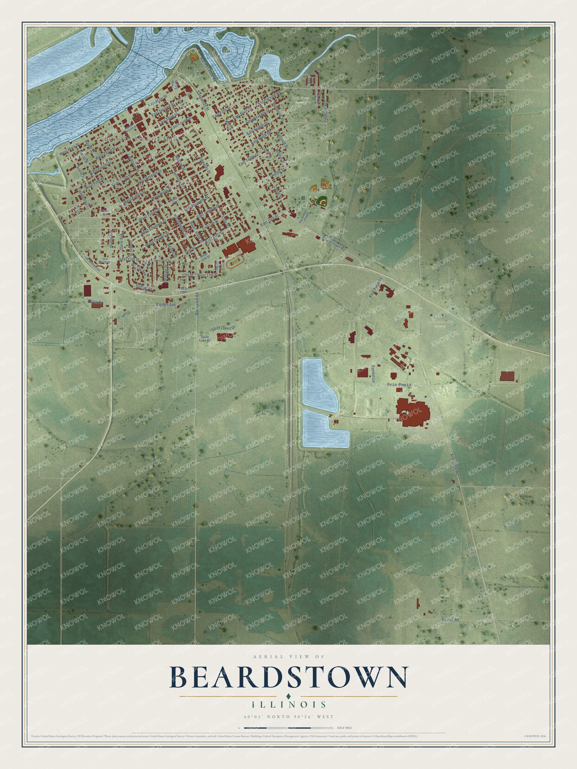 Full map of Beardstown, Illinois, with red buildings, printed street names and the land around them