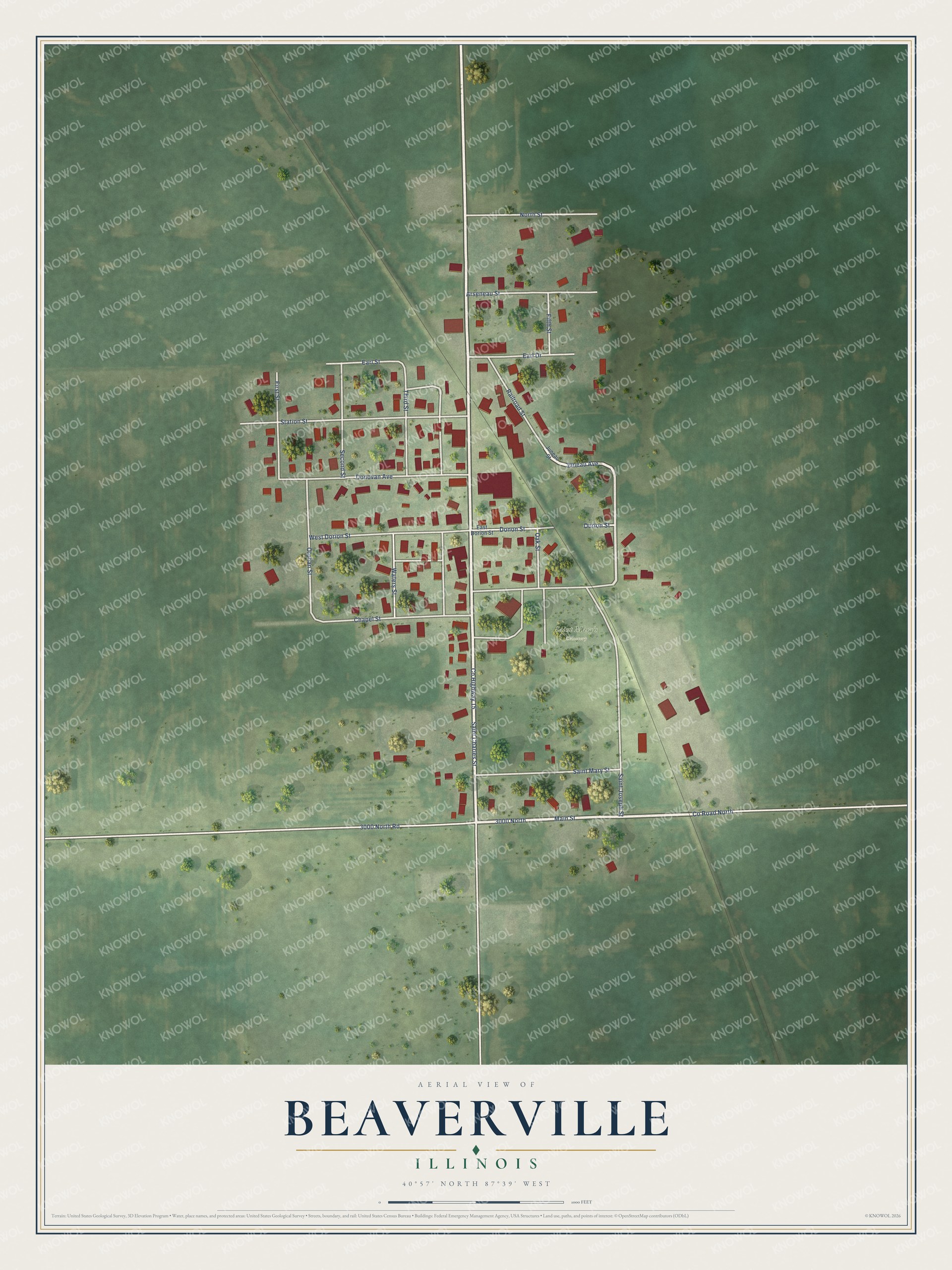 Full map of Beaverville, Illinois, with red buildings, printed street names and the land around them