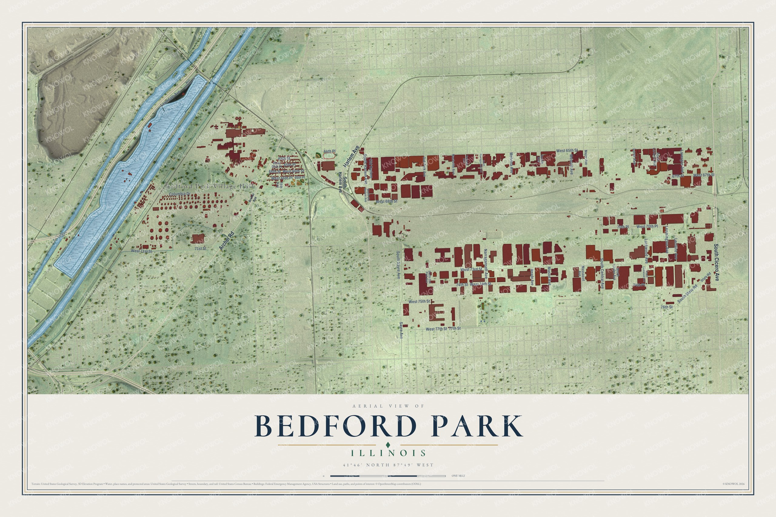 Full map of Bedford Park, Illinois, with red buildings, printed street names and the land around them