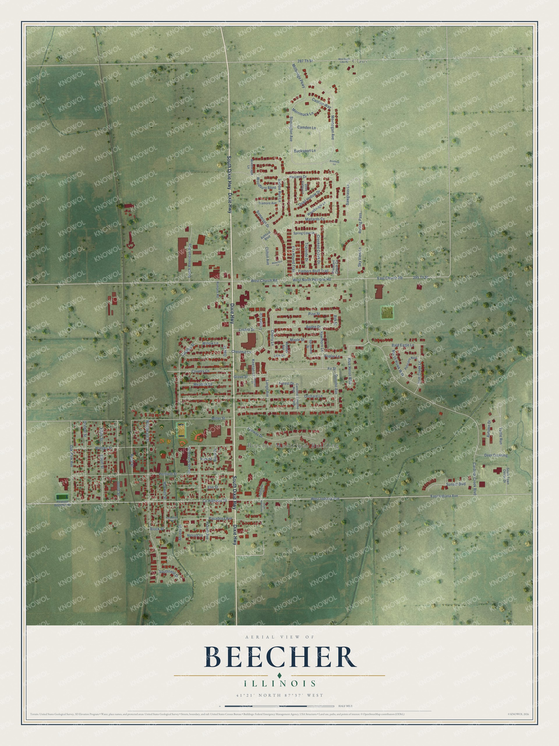 Full map of Beecher, Illinois, with red buildings, printed street names and the land around them