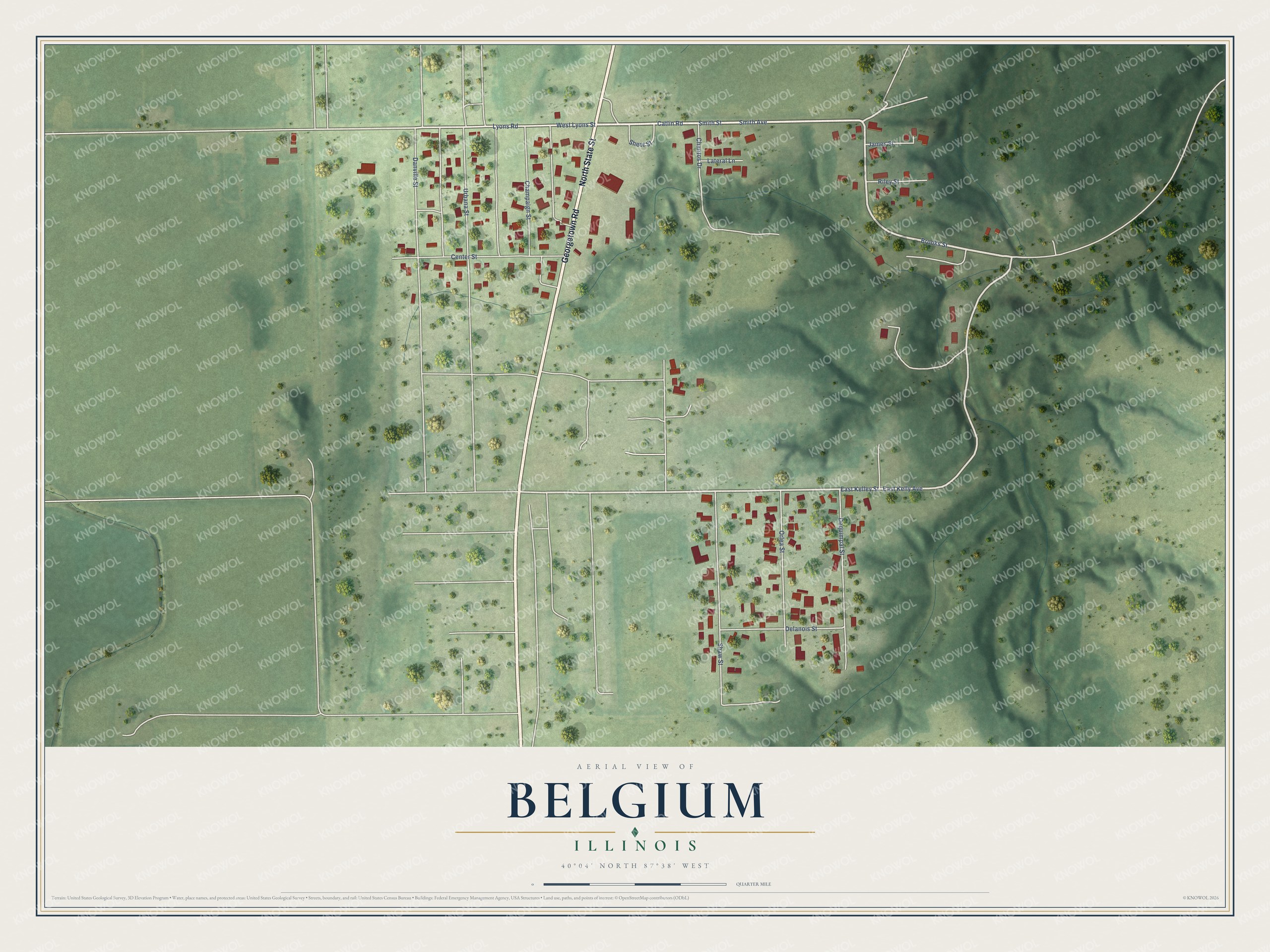 Full map of Belgium, Illinois, with red buildings, printed street names and the land around them