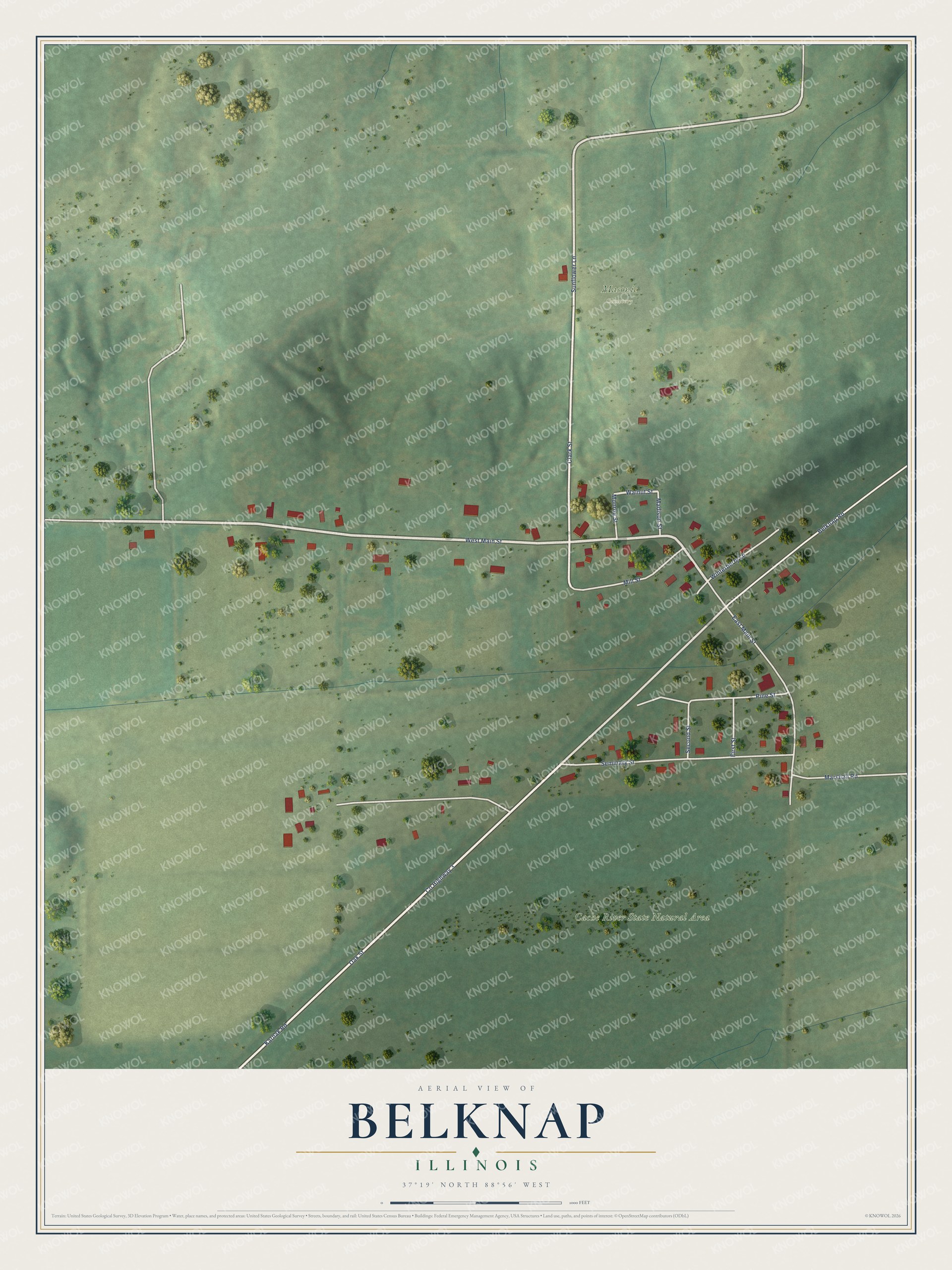 Full map of Belknap, Illinois, with red buildings, printed street names and the land around them