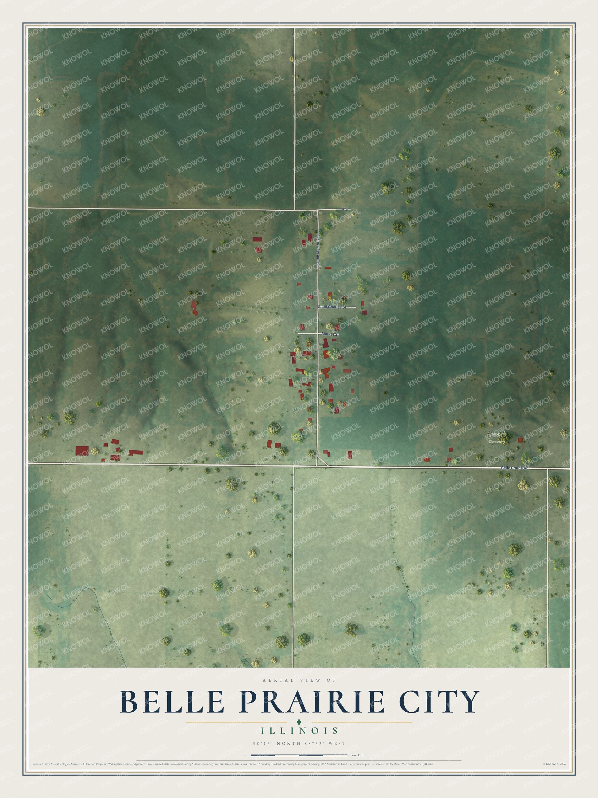 Full map of Belle Prairie City, Illinois, with red buildings, printed street names and the land around them
