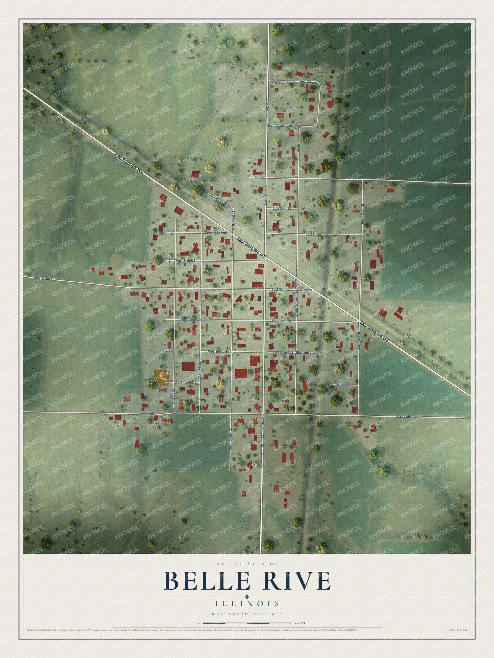 Full map of Belle Rive, Illinois, with red buildings, printed street names and the land around them