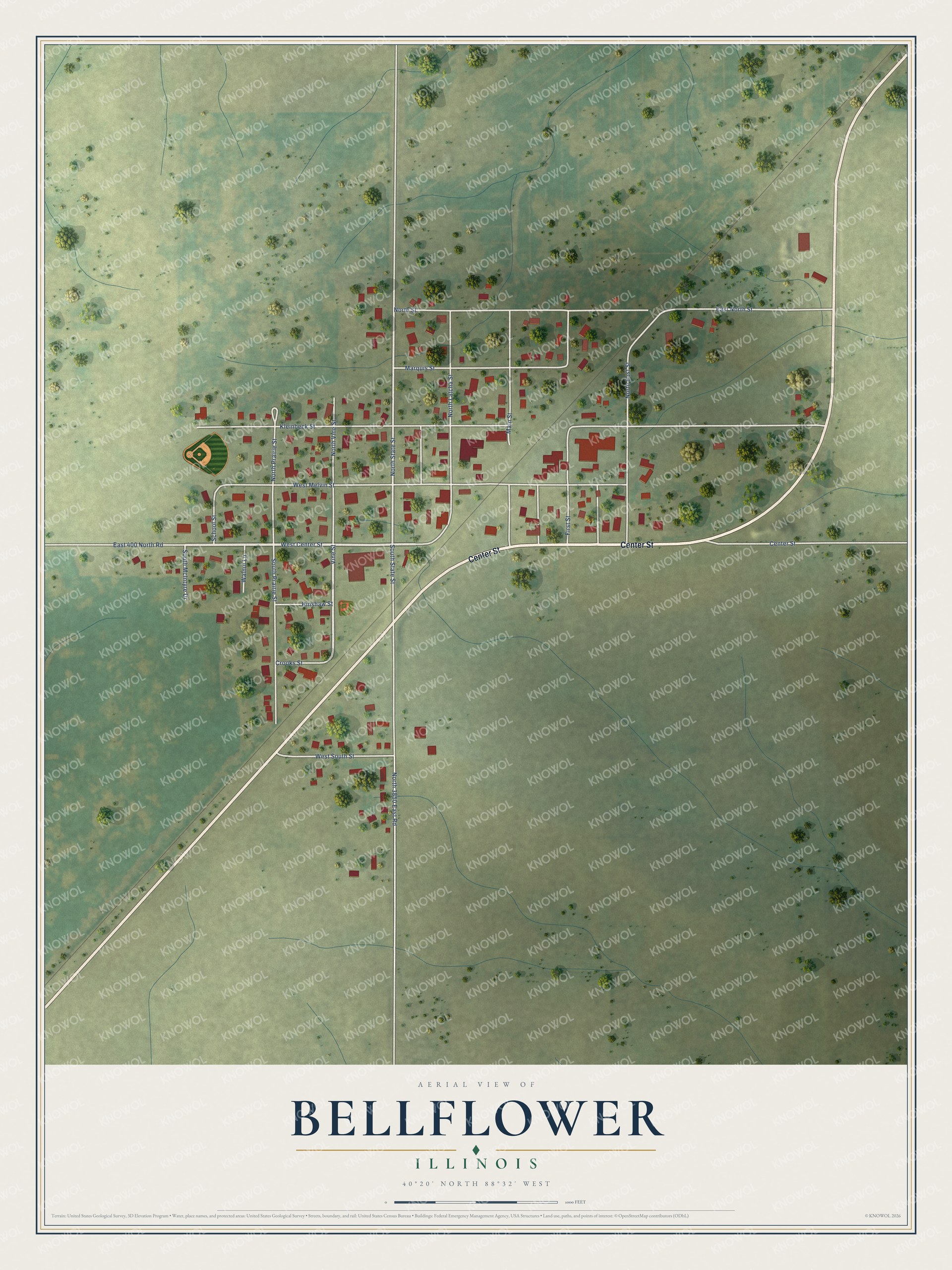 Full map of Bellflower, Illinois, with red buildings, printed street names and the land around them