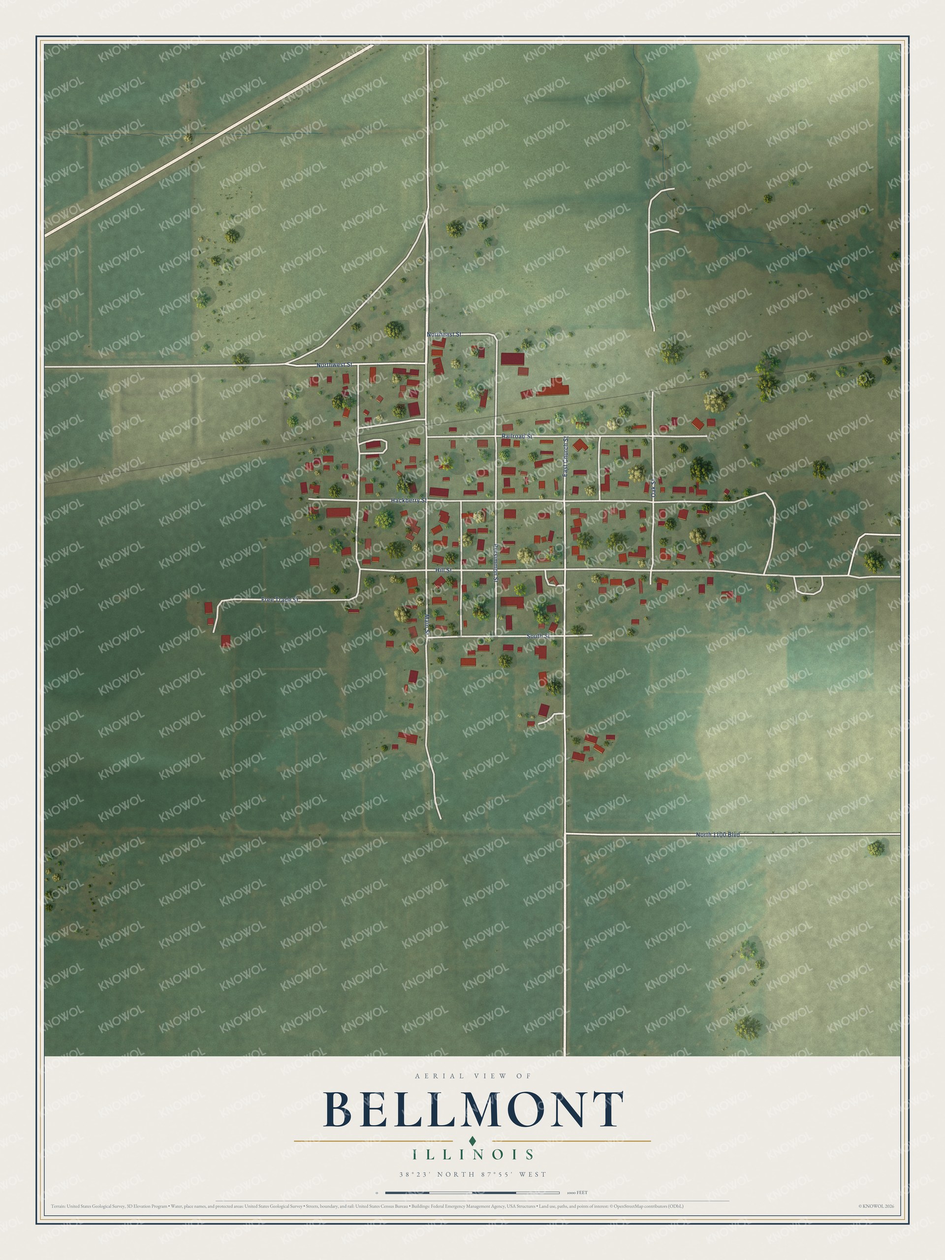 Full map of Bellmont, Illinois, with red buildings, printed street names and the land around them