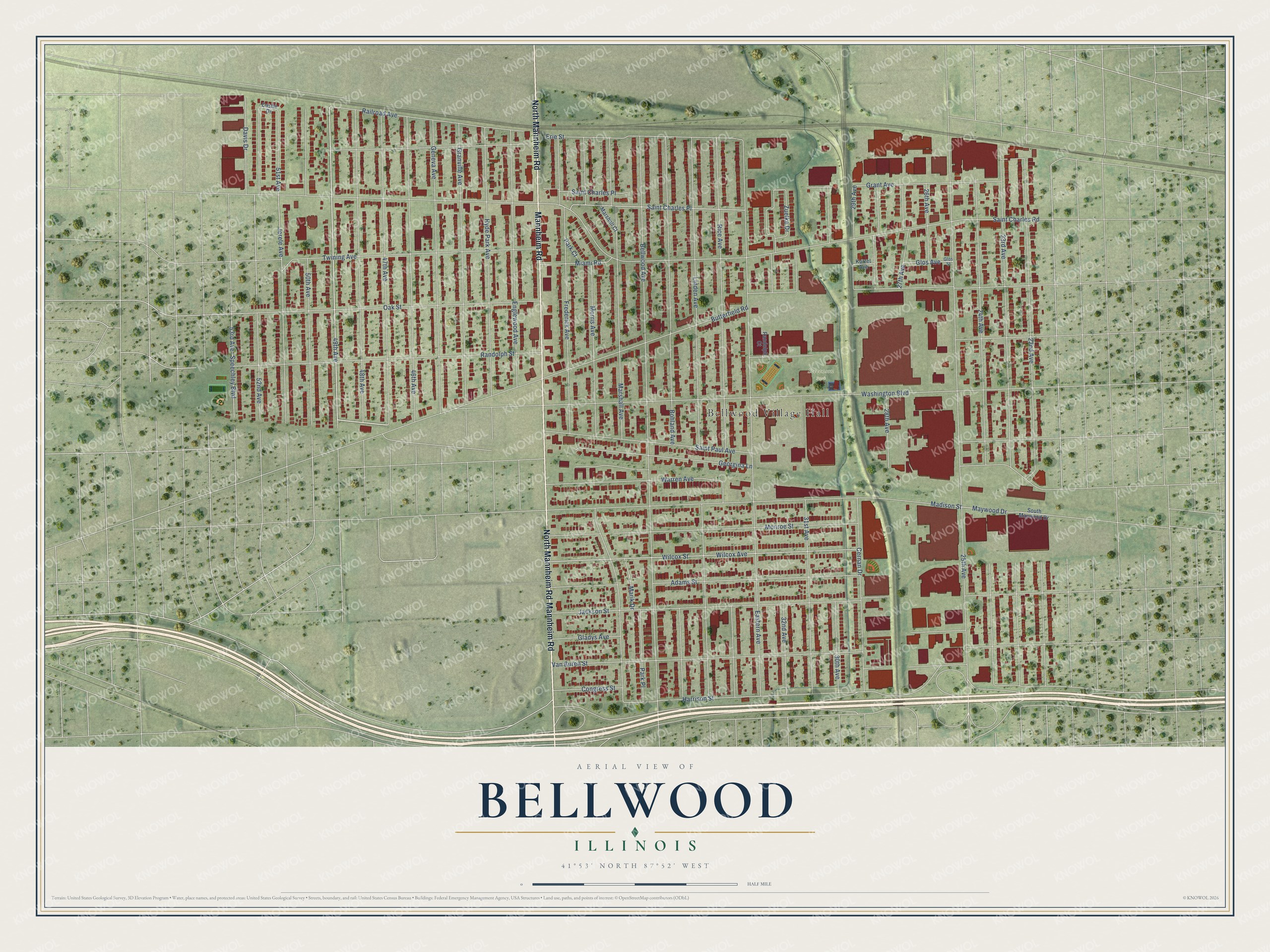 Full map of Bellwood, Illinois, with red buildings, printed street names and the land around them