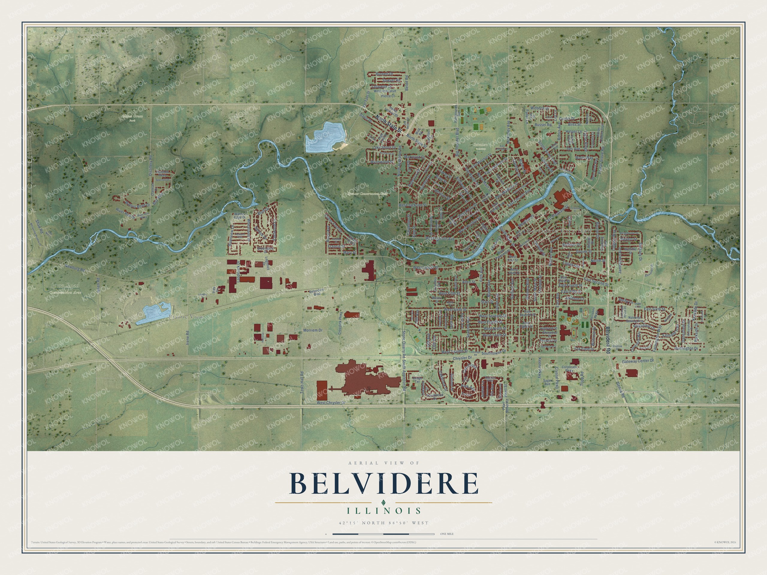 Full map of Belvidere, Illinois, with red buildings, printed street names and the land around them