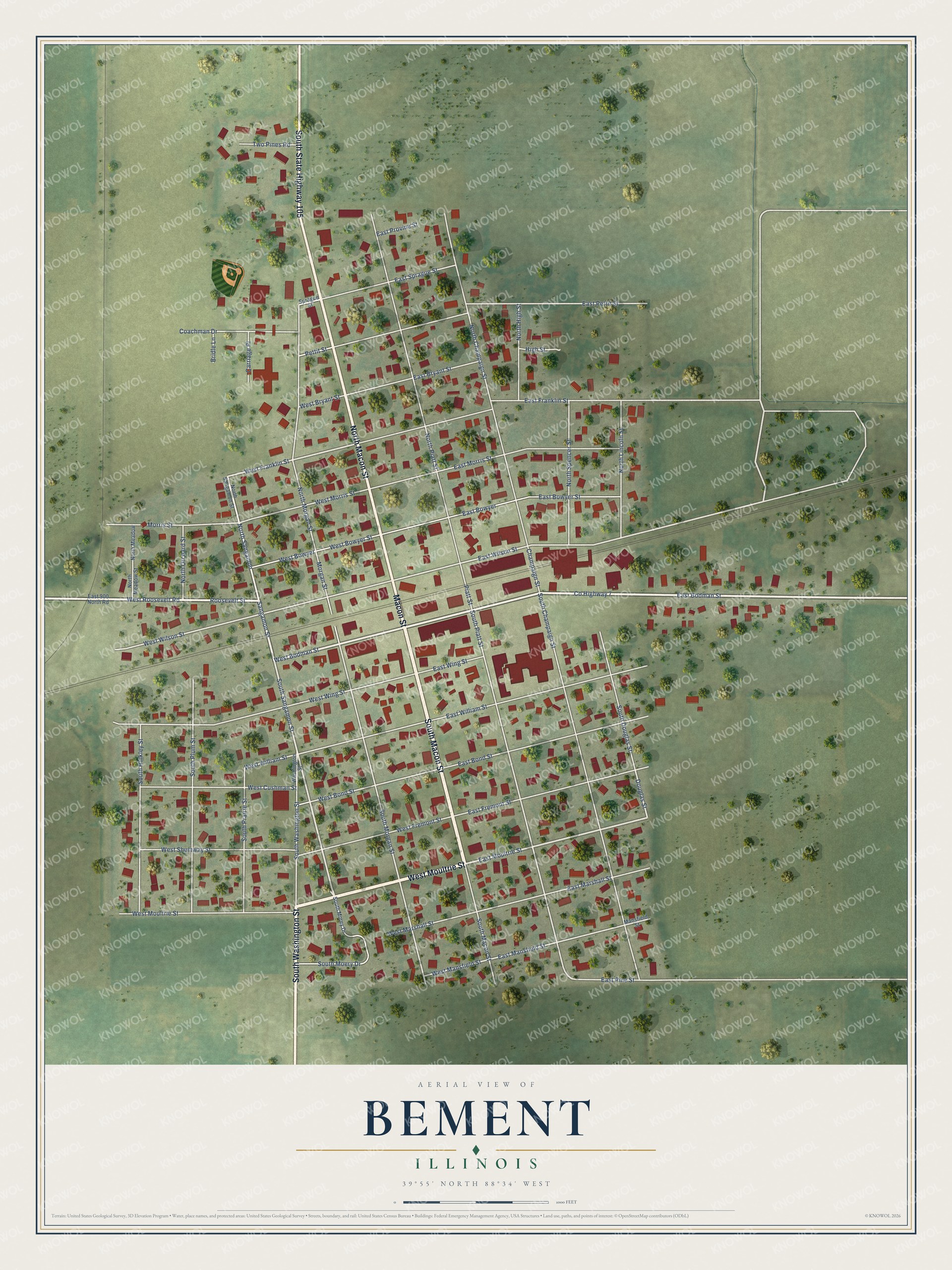 Full map of Bement, Illinois, with red buildings, printed street names and the land around them
