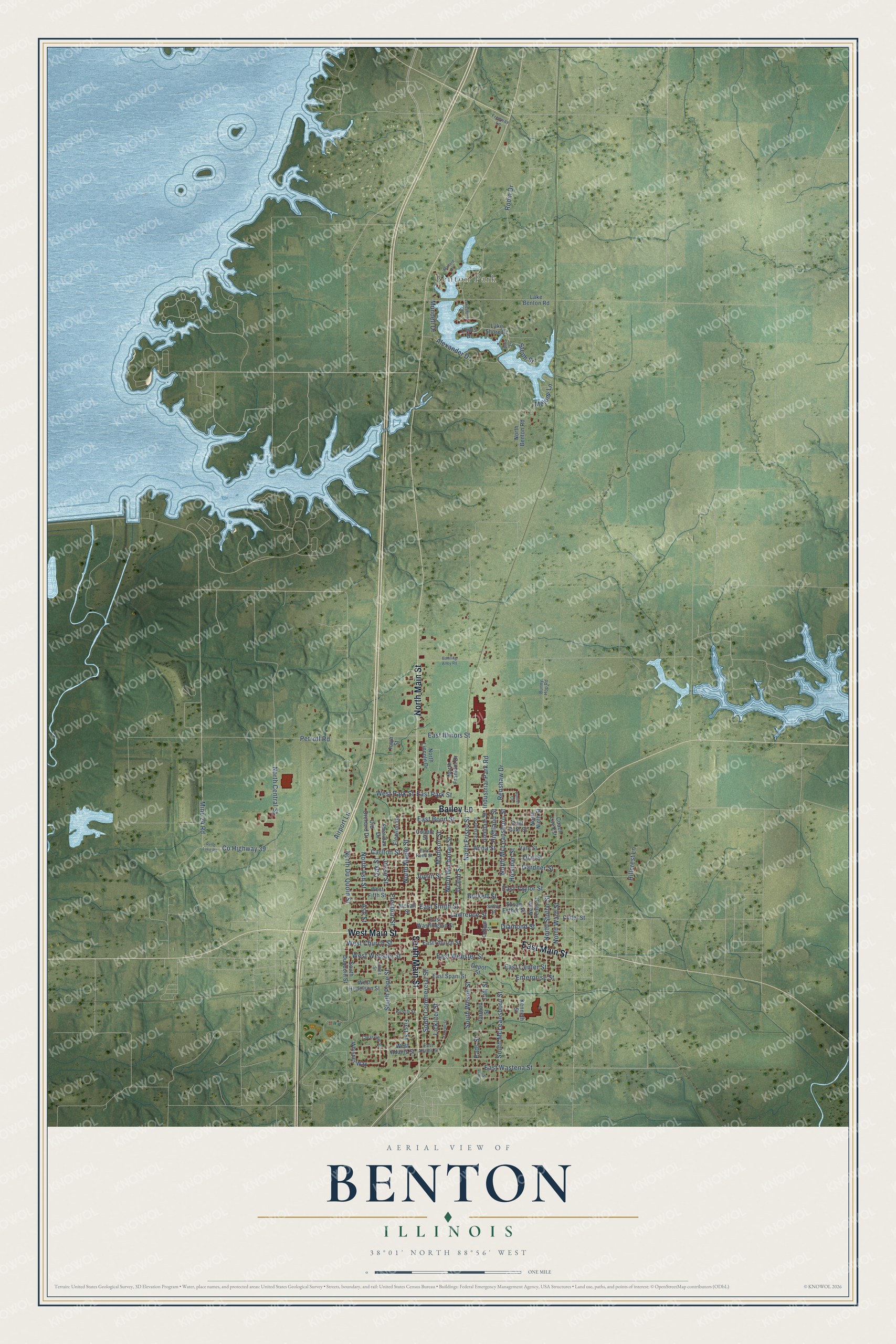 Full map of Benton, Illinois, with red buildings, printed street names and the land around them