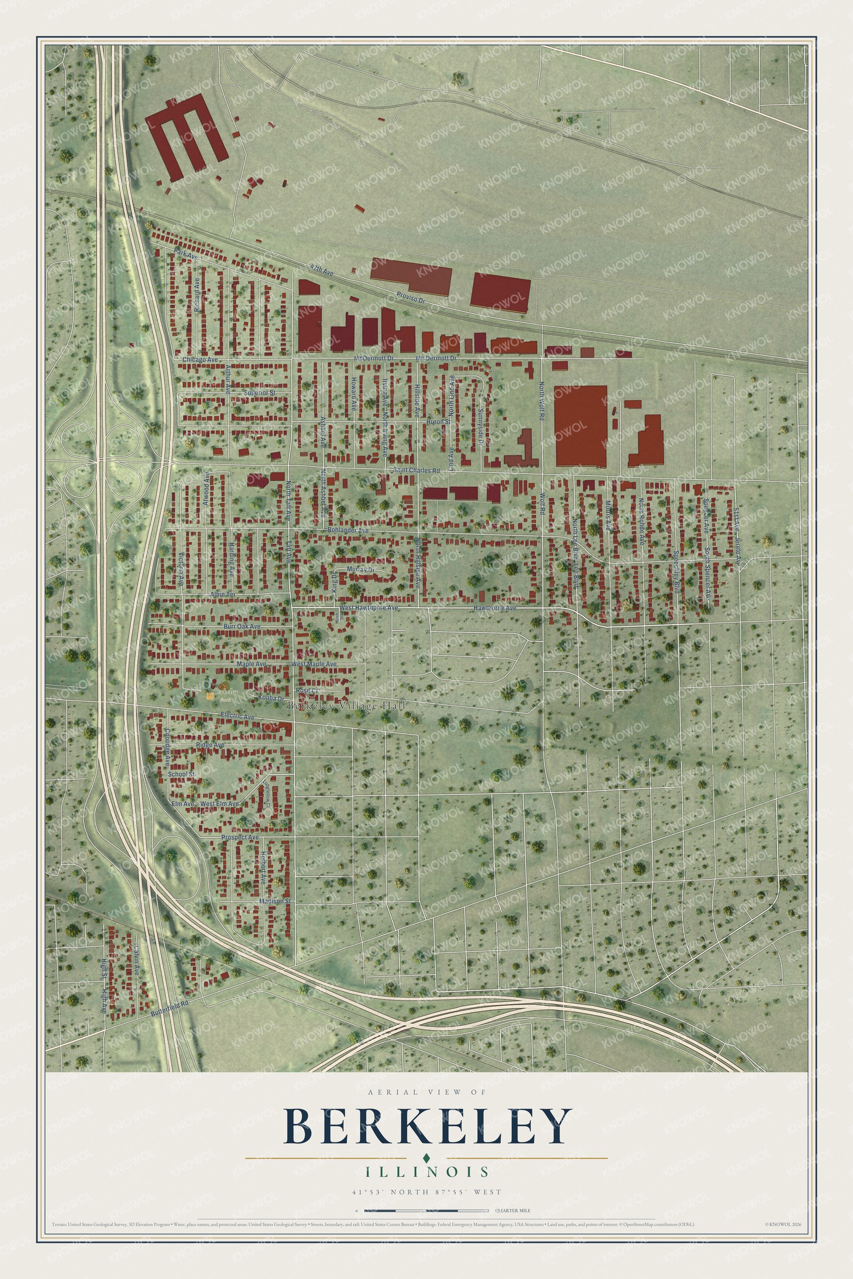Full map of Berkeley, Illinois, with red buildings, printed street names and the land around them