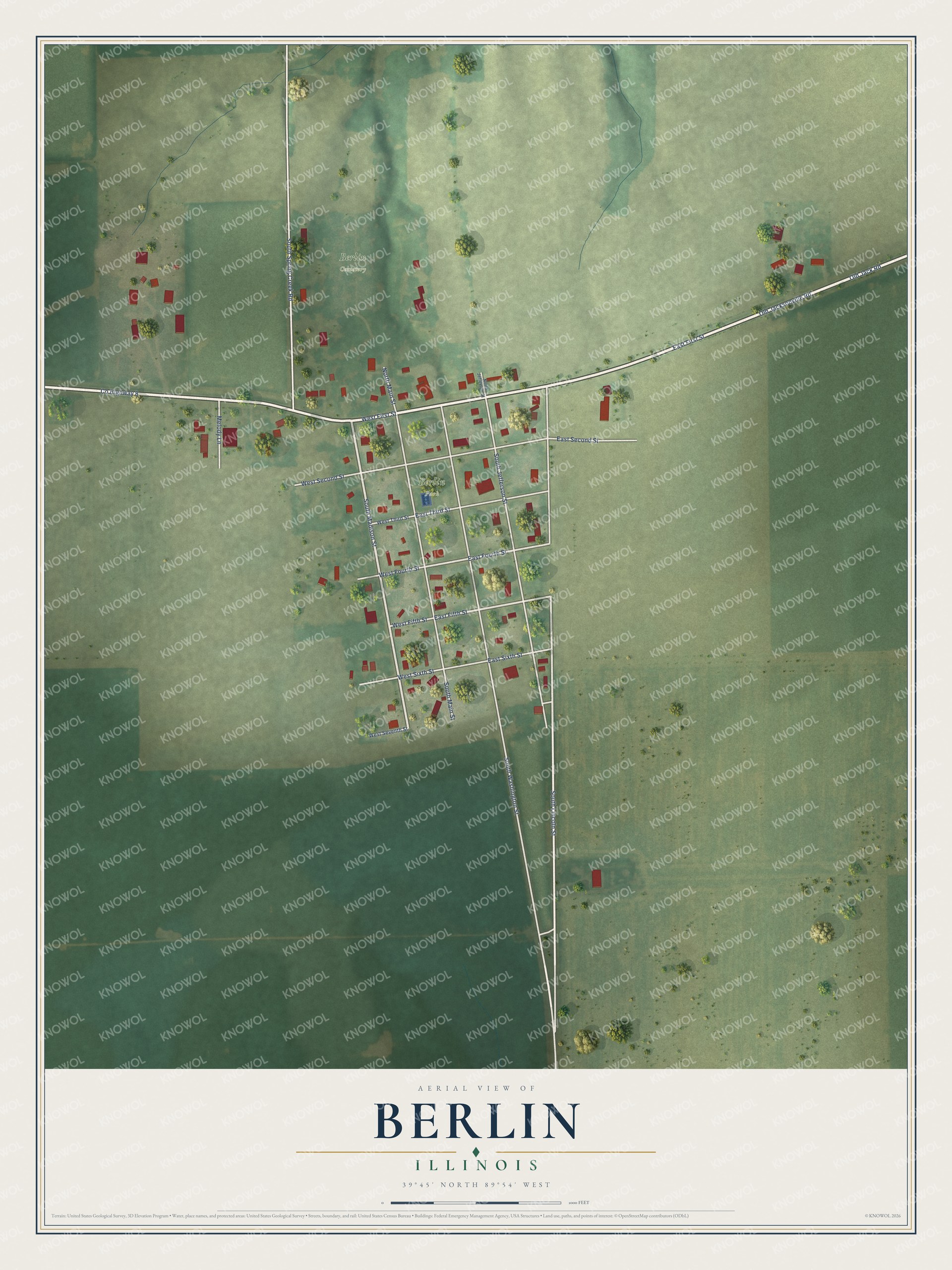Full map of Berlin, Illinois, with red buildings, printed street names and the land around them