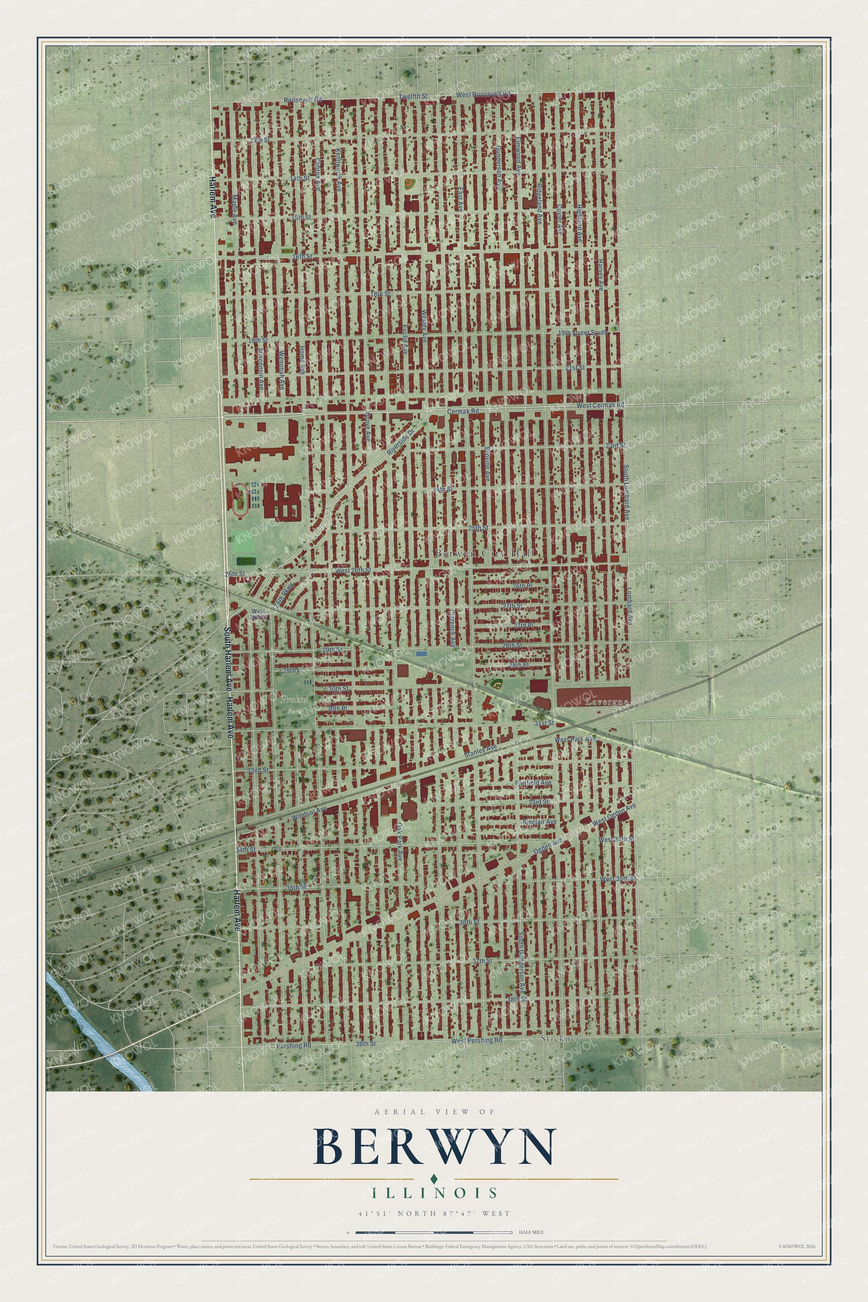 Full map of Berwyn, Illinois, with red buildings, printed street names and the land around them