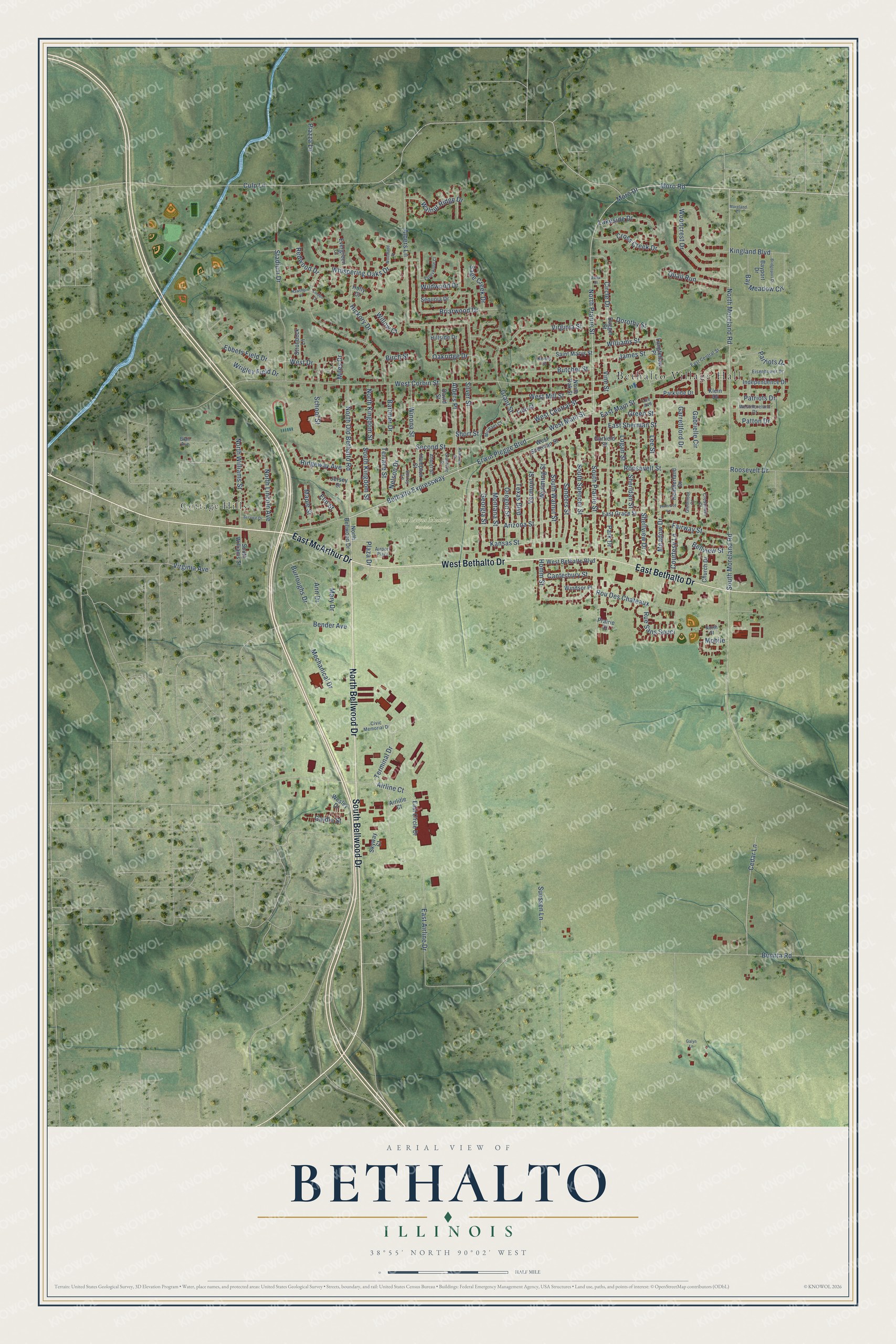 Full map of Bethalto, Illinois, with red buildings, printed street names and the land around them