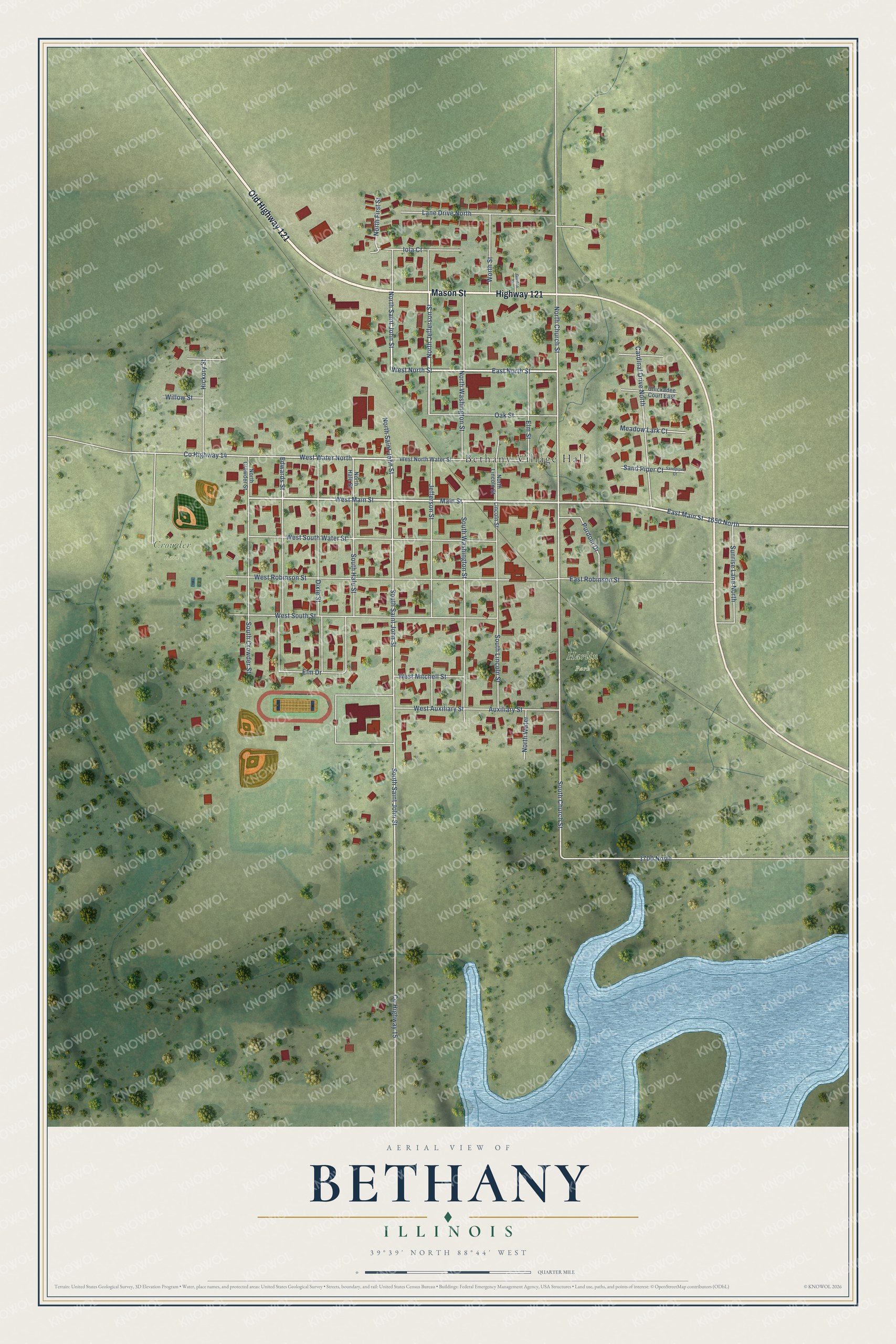 Full map of Bethany, Illinois, with red buildings, printed street names and the land around them