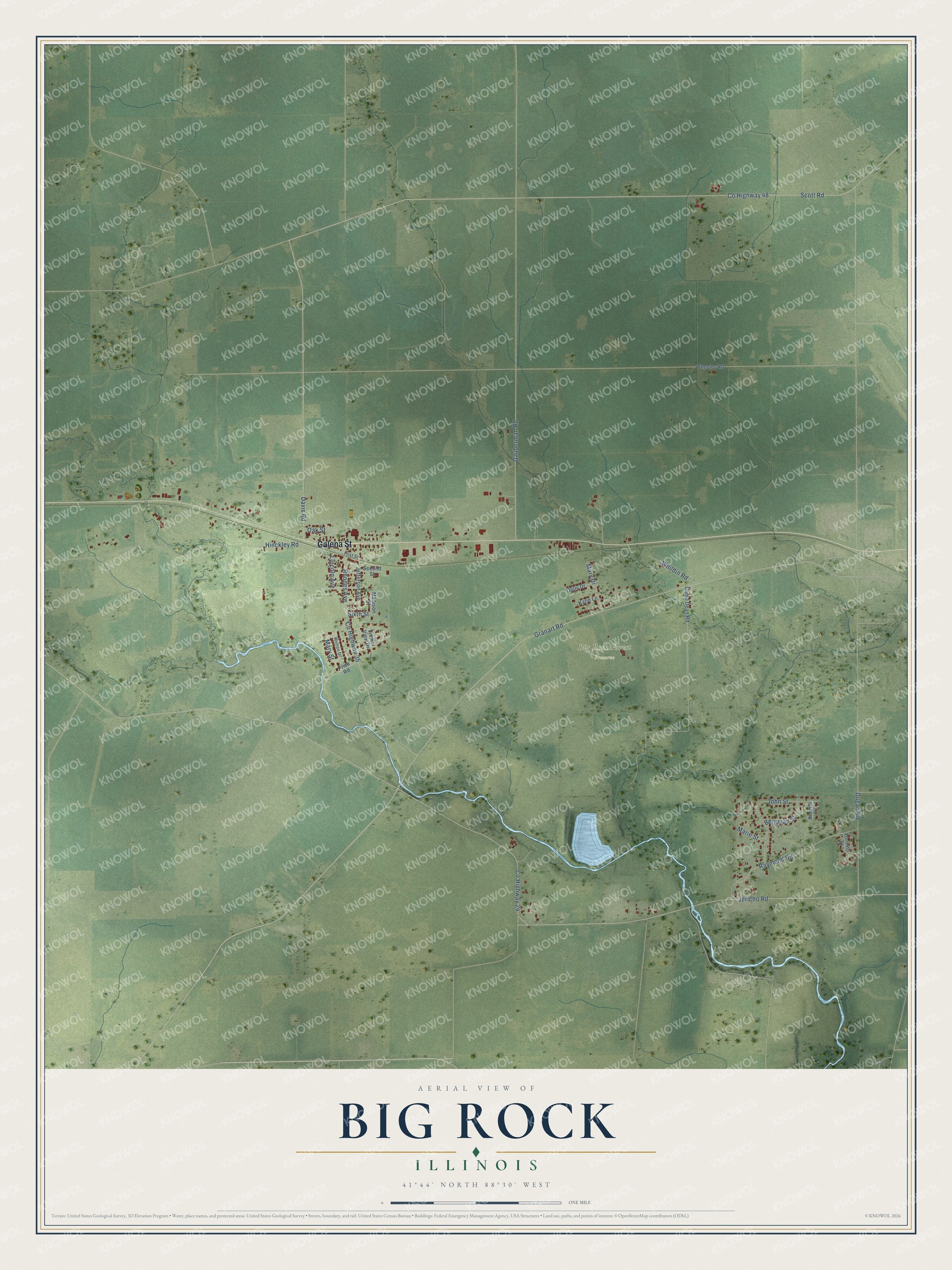 Full map of Big Rock, Illinois, with red buildings, printed street names and the land around them