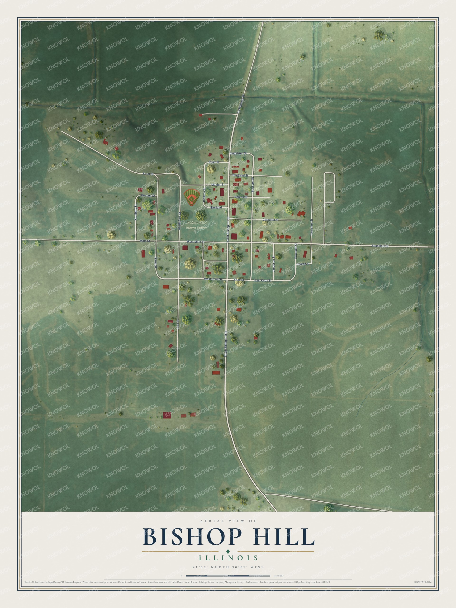 Full map of Bishop Hill, Illinois, with red buildings, printed street names and the land around them
