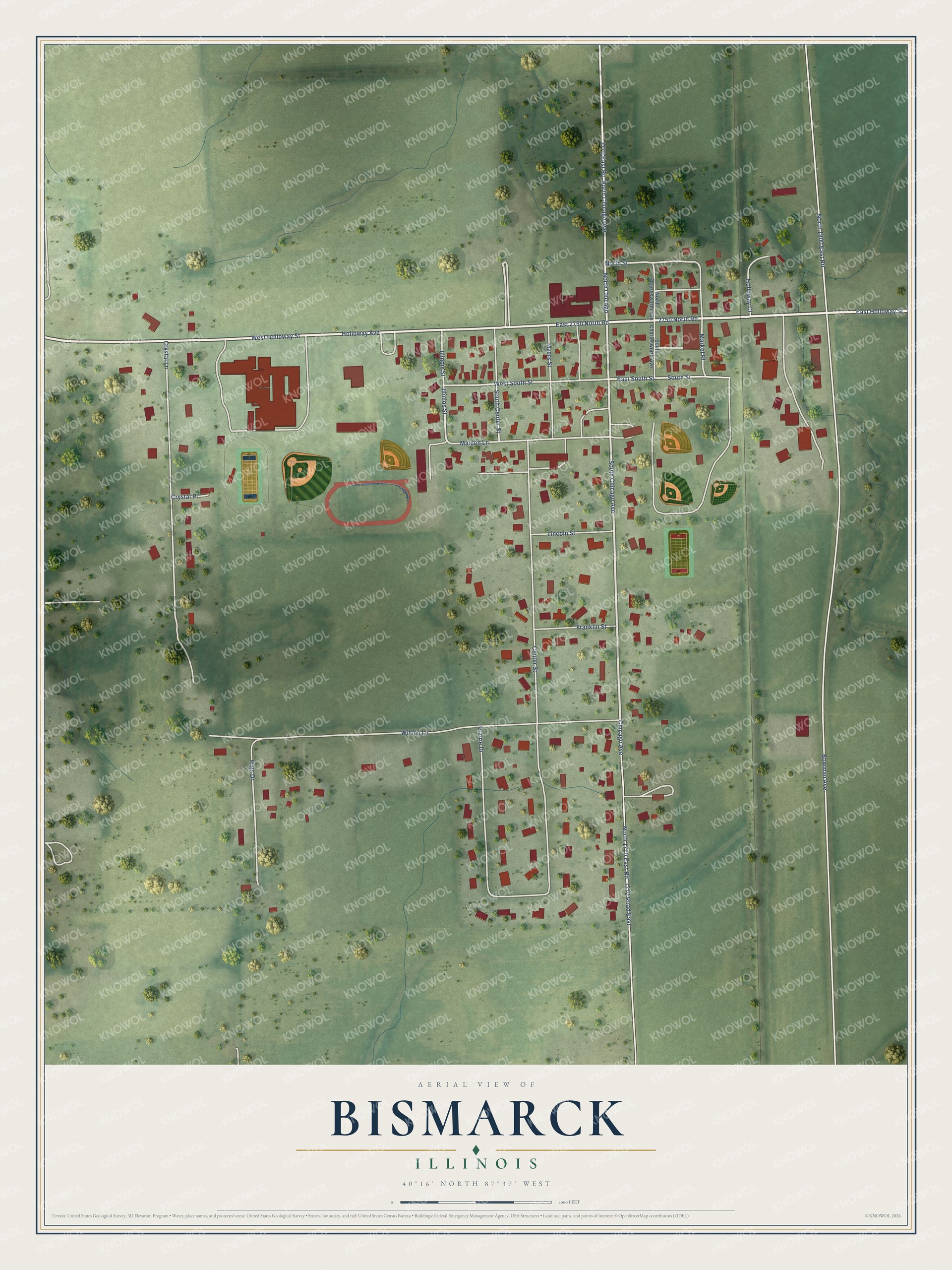 Full map of Bismarck, Illinois, with red buildings, printed street names and the land around them