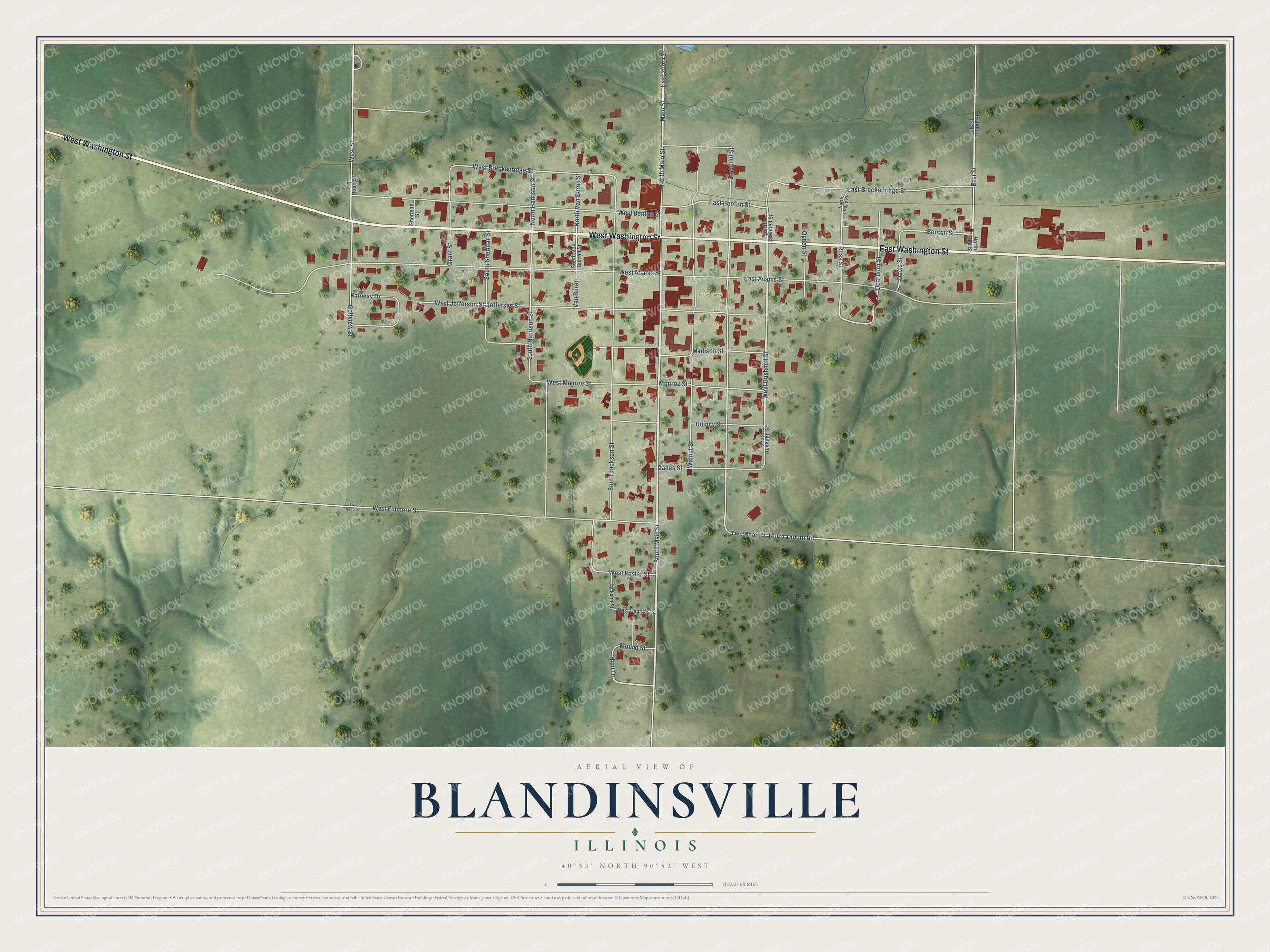 Full map of Blandinsville, Illinois, with red buildings, printed street names and the land around them