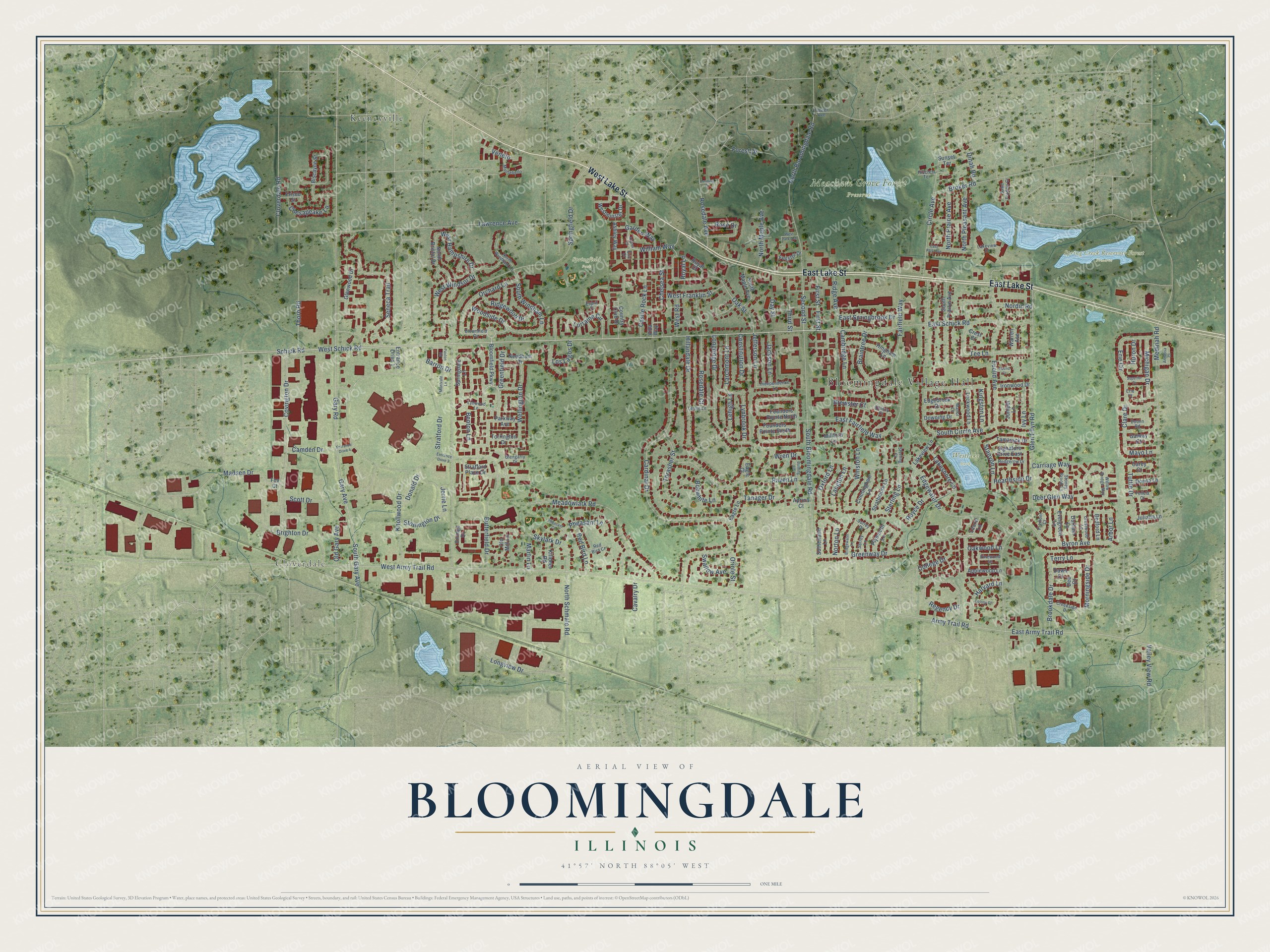Full map of Bloomingdale, Illinois, with red buildings, printed street names and the land around them
