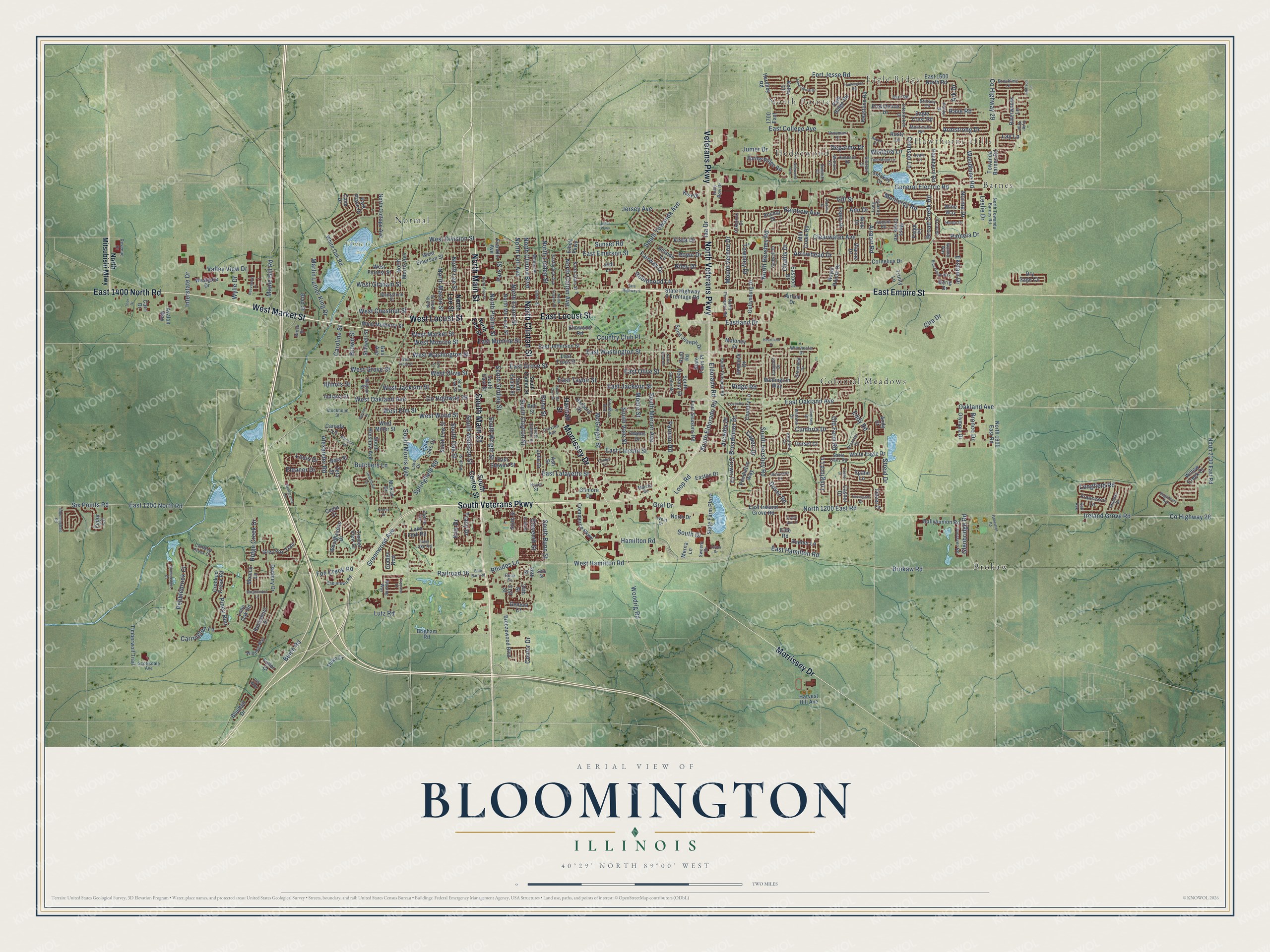 Full map of Bloomington, Illinois, with red buildings, printed street names and the land around them