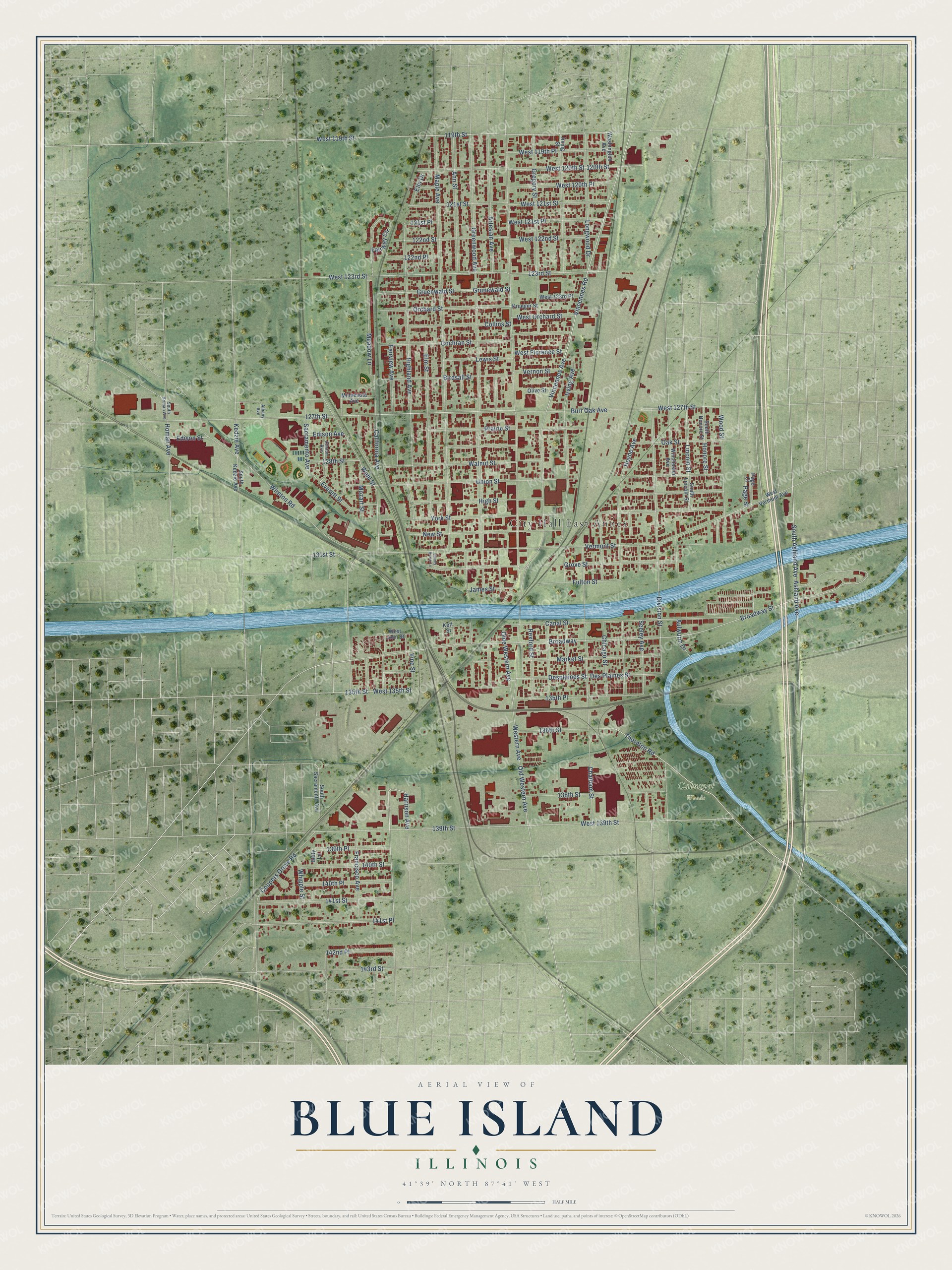 Full map of Blue Island, Illinois, with red buildings, printed street names and the land around them
