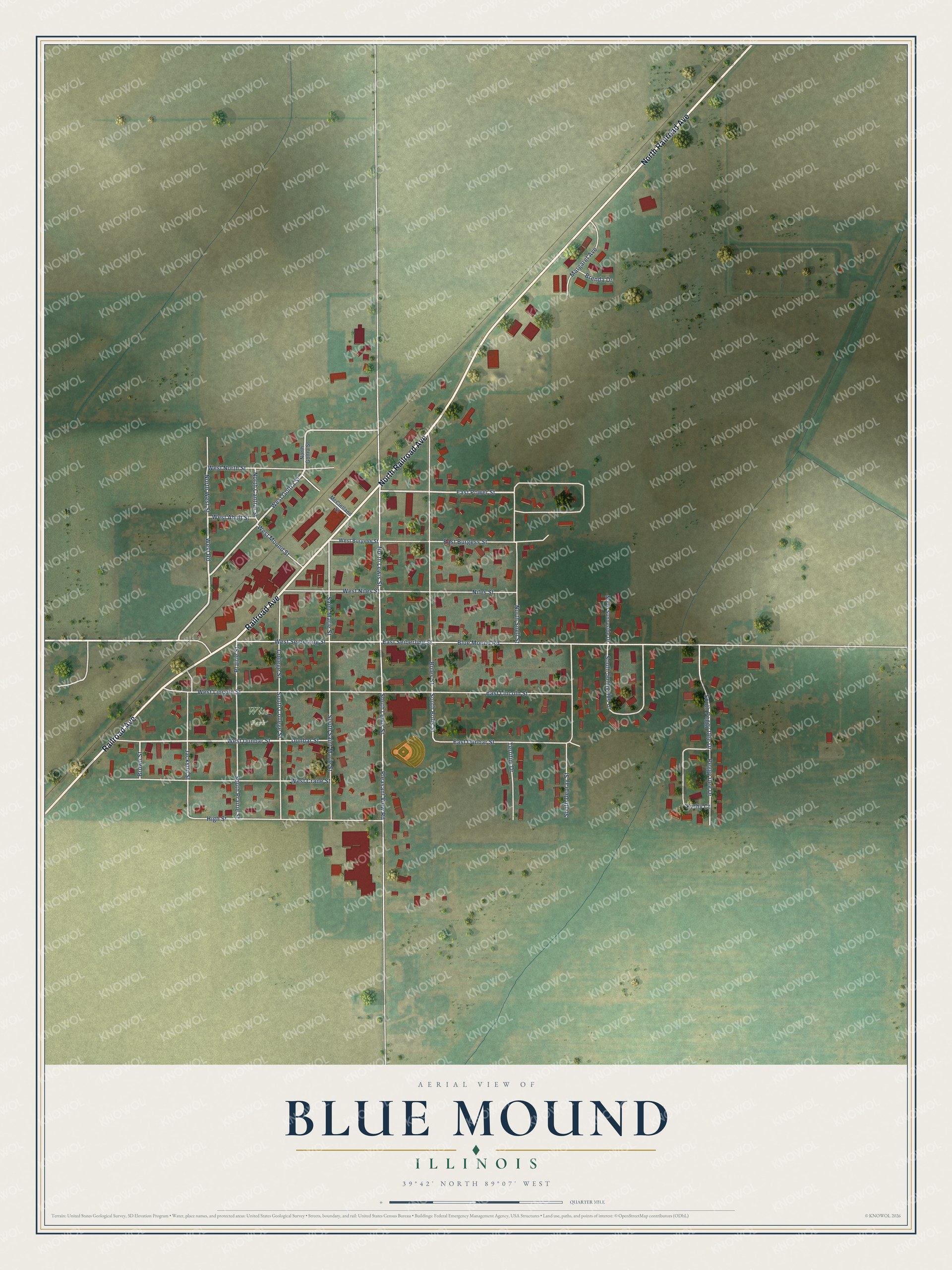 Full map of Blue Mound, Illinois, with red buildings, printed street names and the land around them