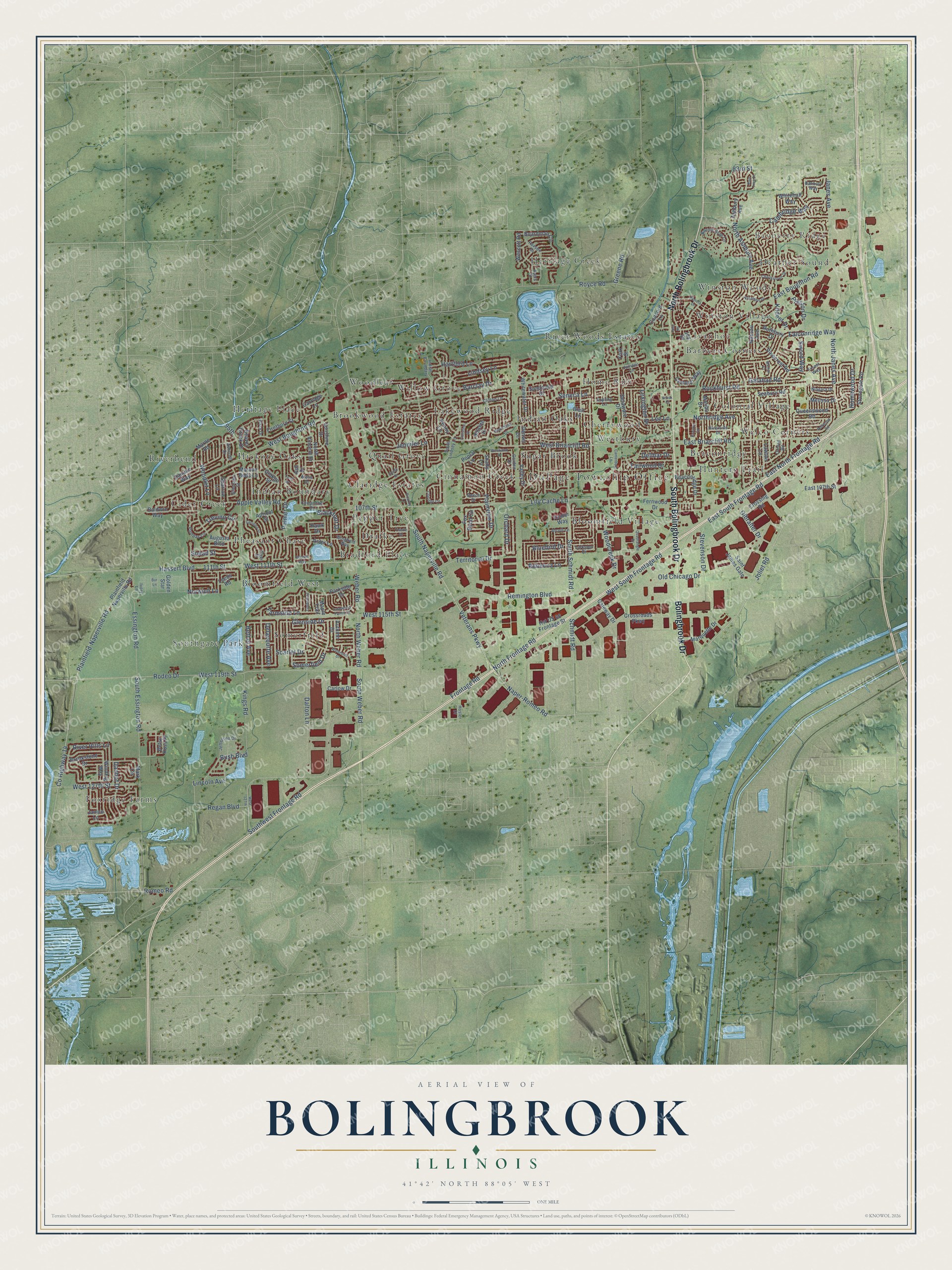 Full map of Bolingbrook, Illinois, with red buildings, printed street names and the land around them