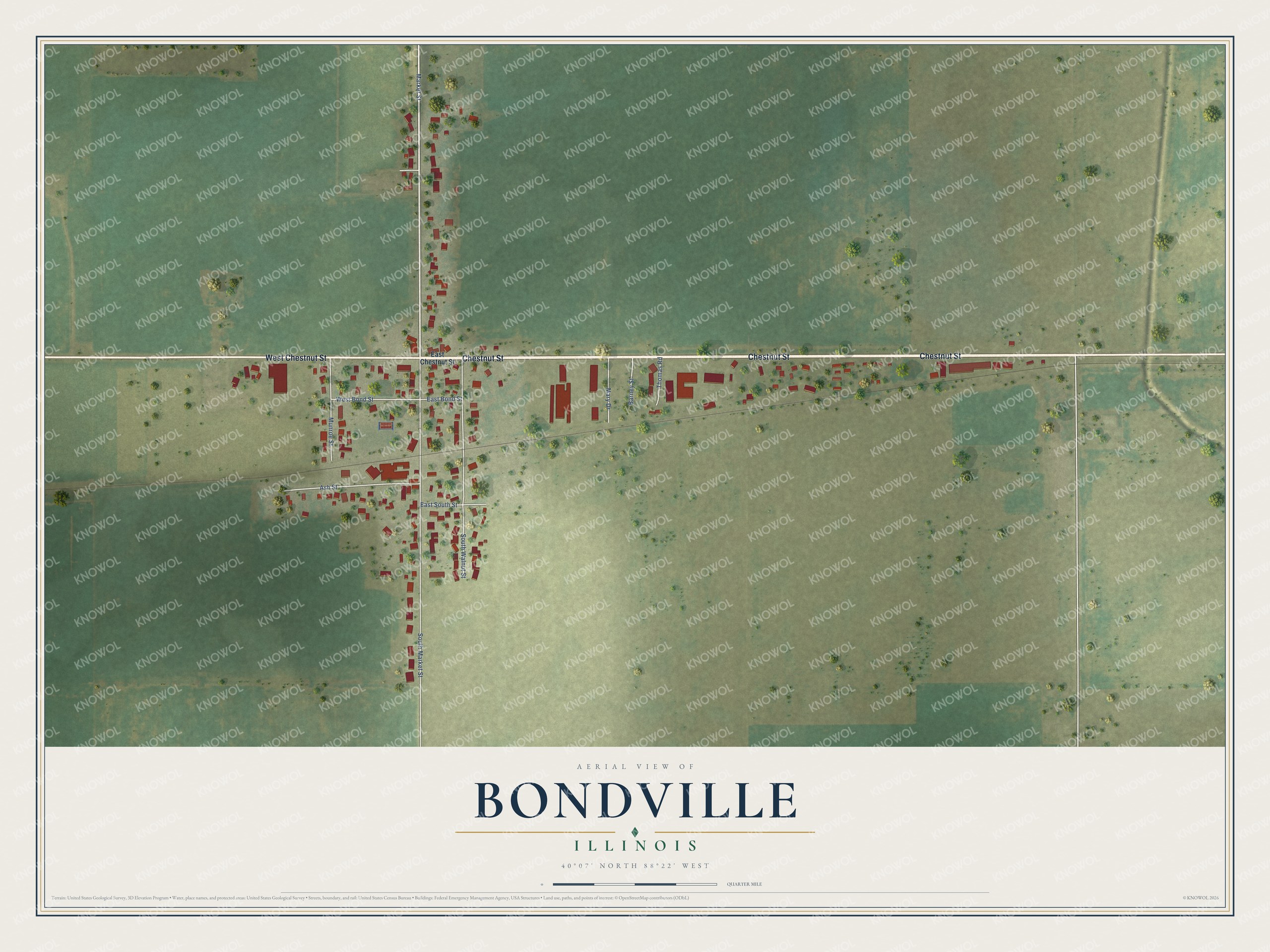 Full map of Bondville, Illinois, with red buildings, printed street names and the land around them