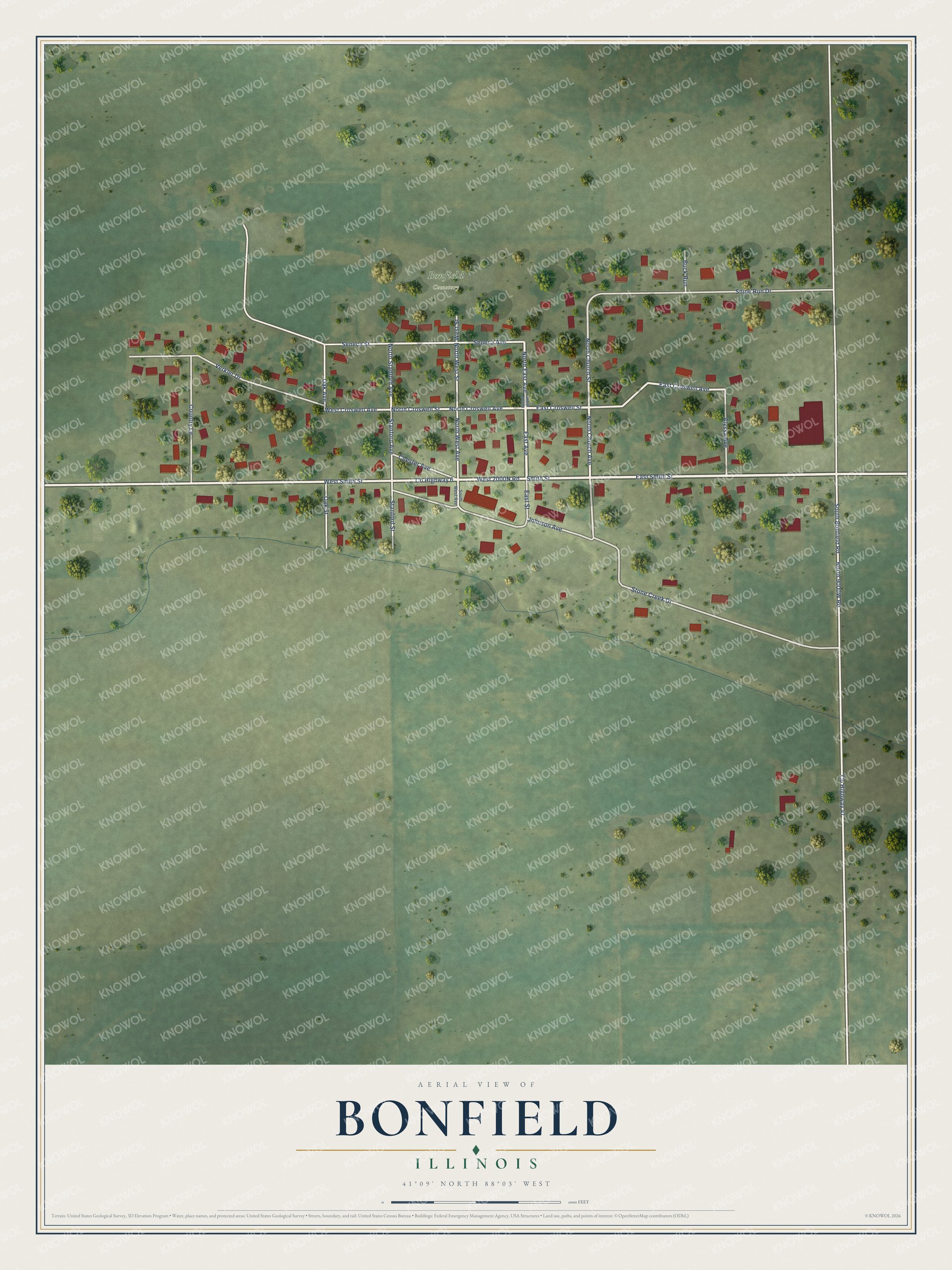 Full map of Bonfield, Illinois, with red buildings, printed street names and the land around them