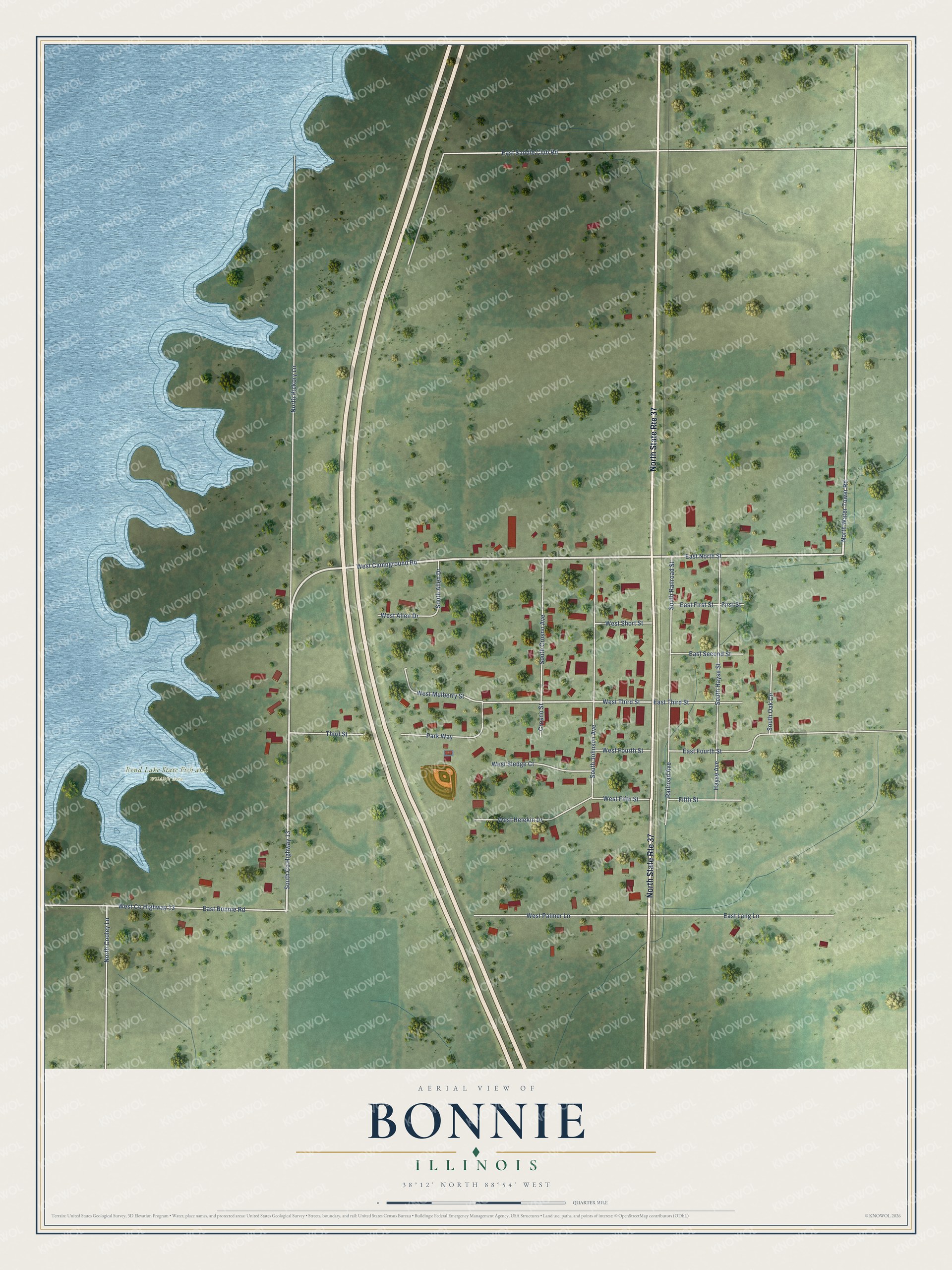 Full map of Bonnie, Illinois, with red buildings, printed street names and the land around them