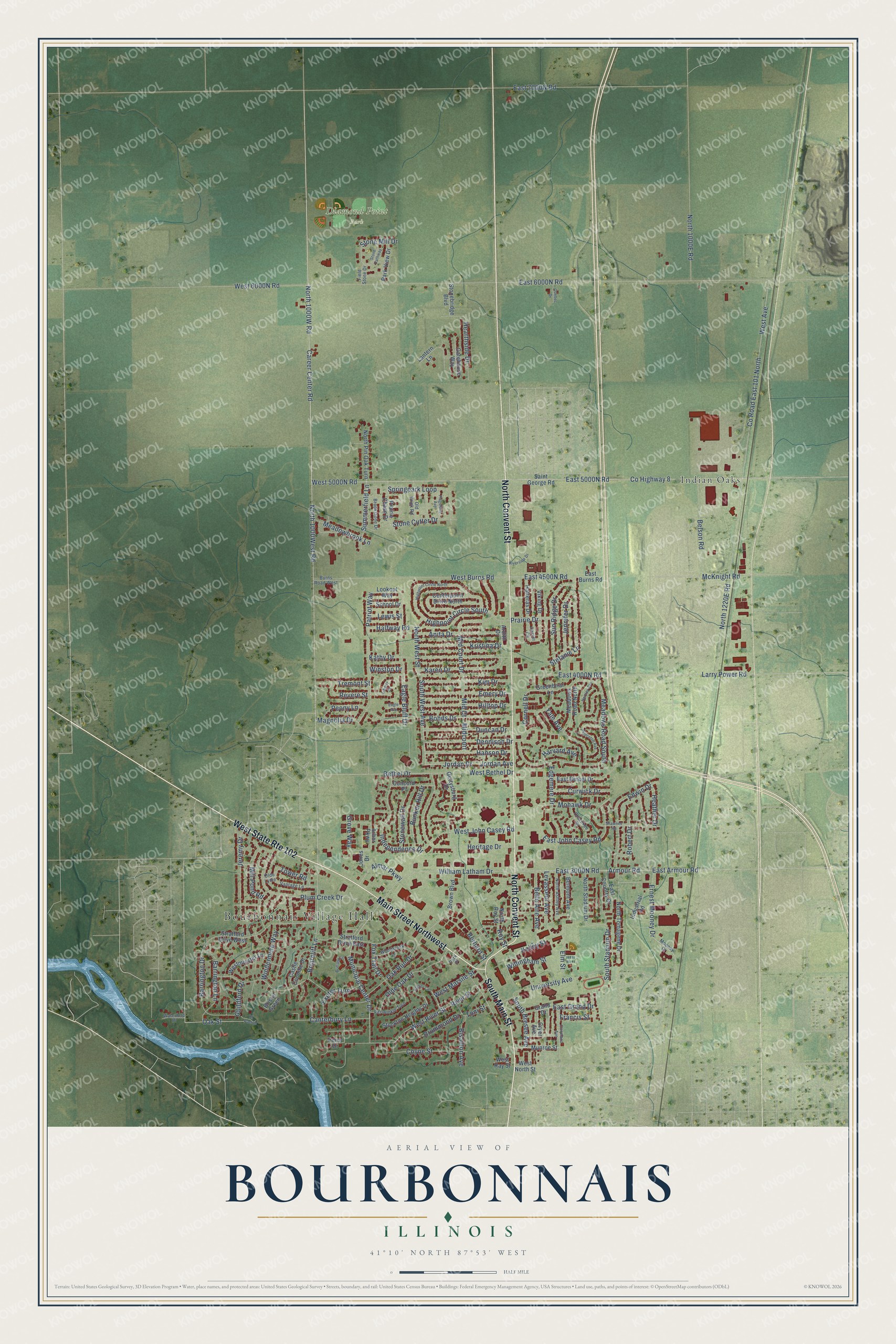 Full map of Bourbonnais, Illinois, with red buildings, printed street names and the land around them