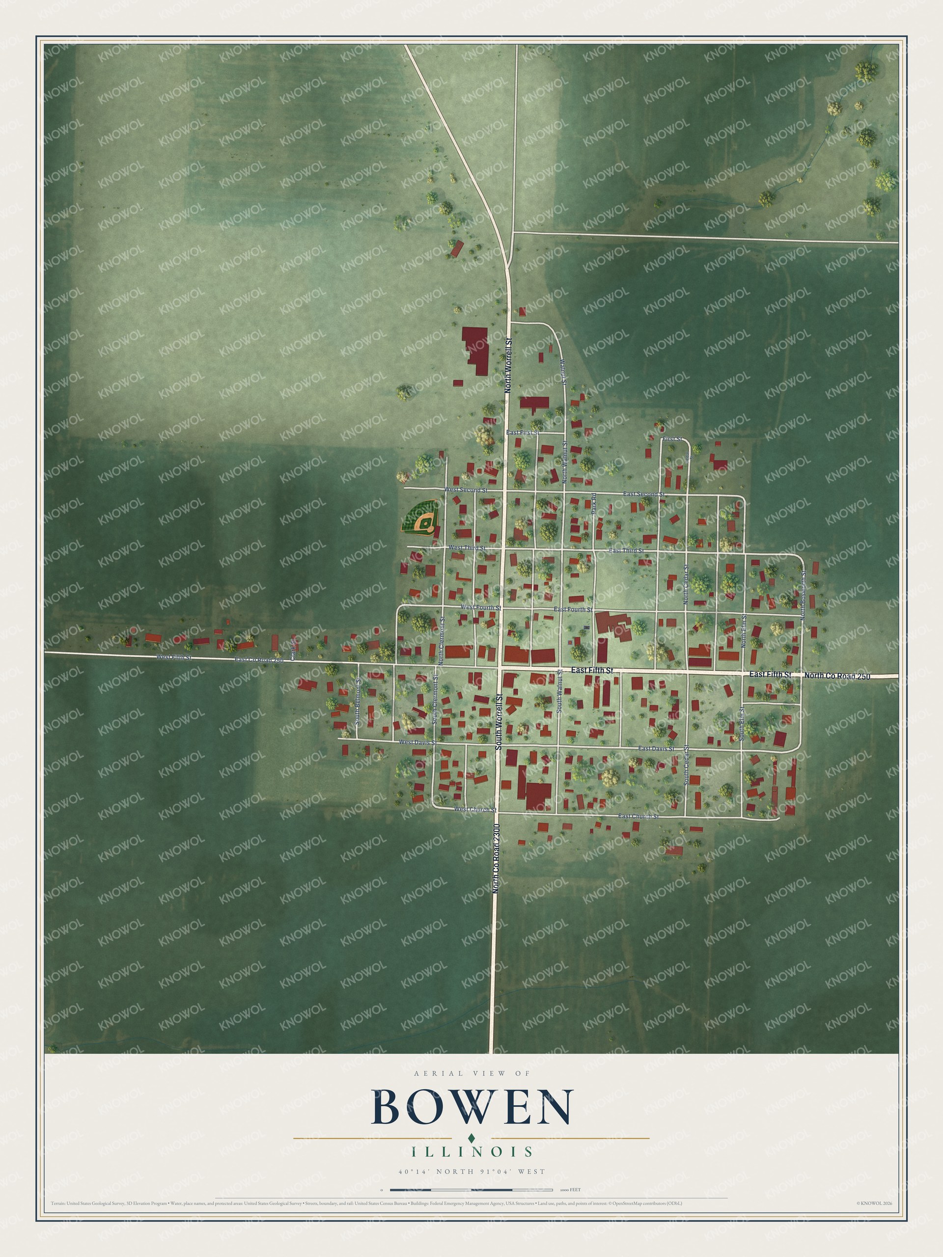 Full map of Bowen, Illinois, with red buildings, printed street names and the land around them