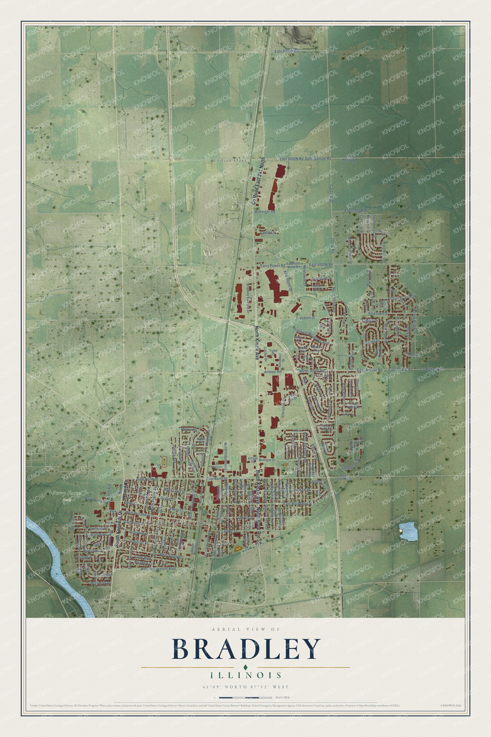 Full map of Bradley, Illinois, with red buildings, printed street names and the land around them