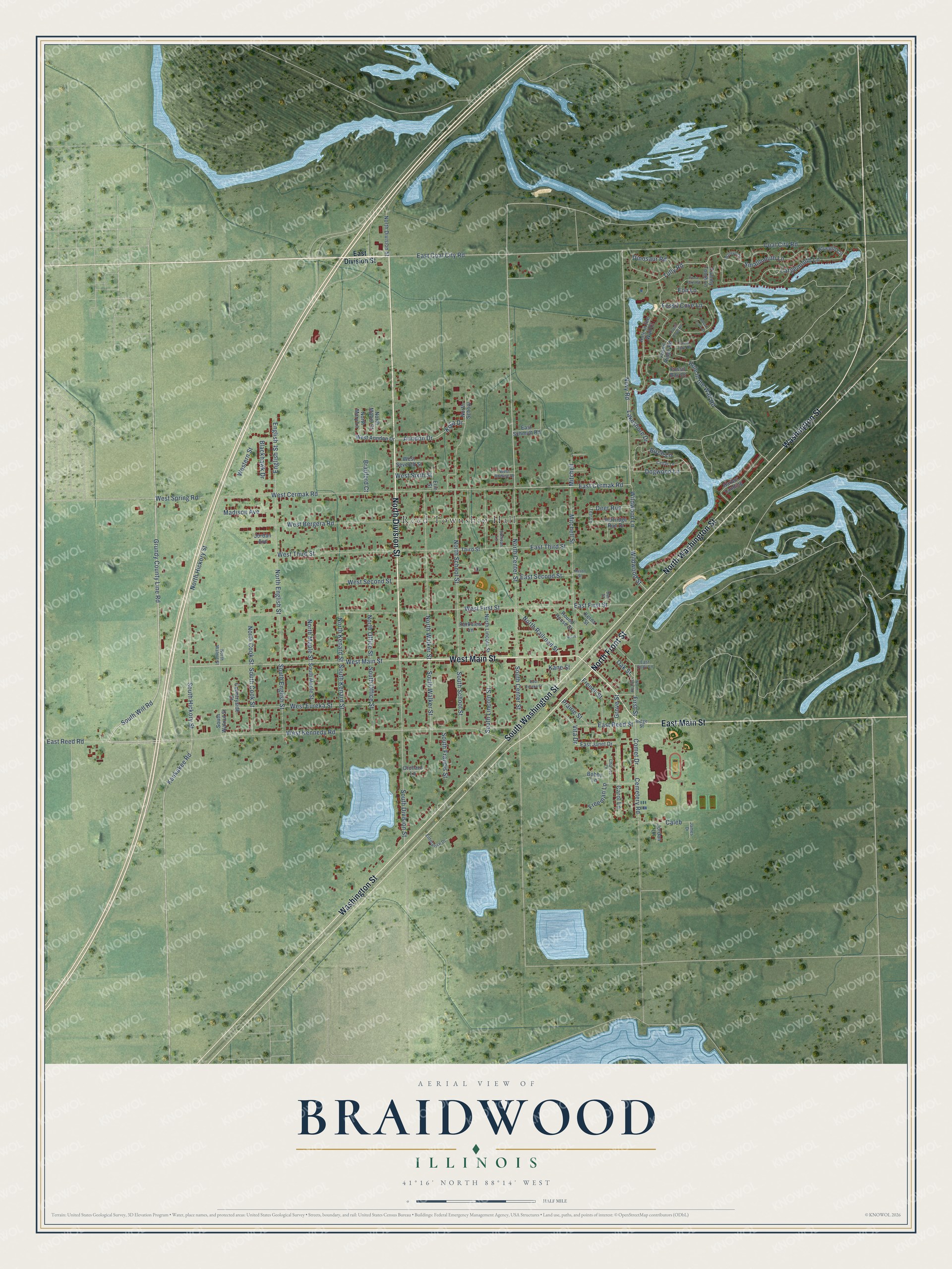Full map of Braidwood, Illinois, with red buildings, printed street names and the land around them