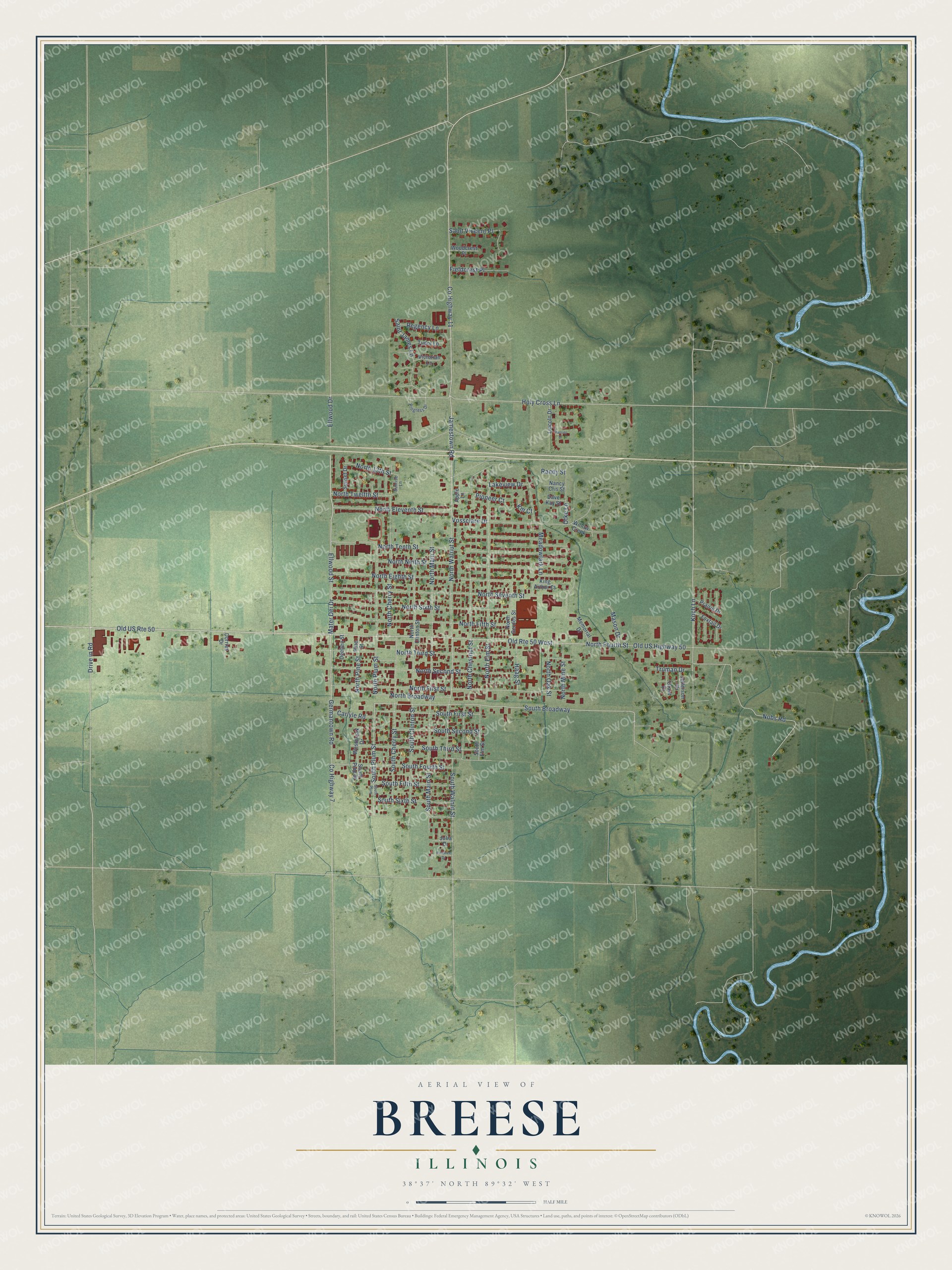Full map of Breese, Illinois, with red buildings, printed street names and the land around them