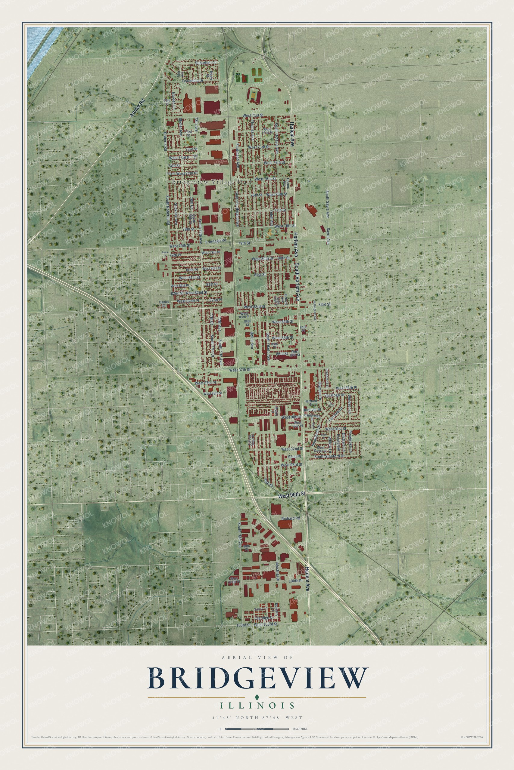 Watermarked full-map preview of Bridgeview, Illinois