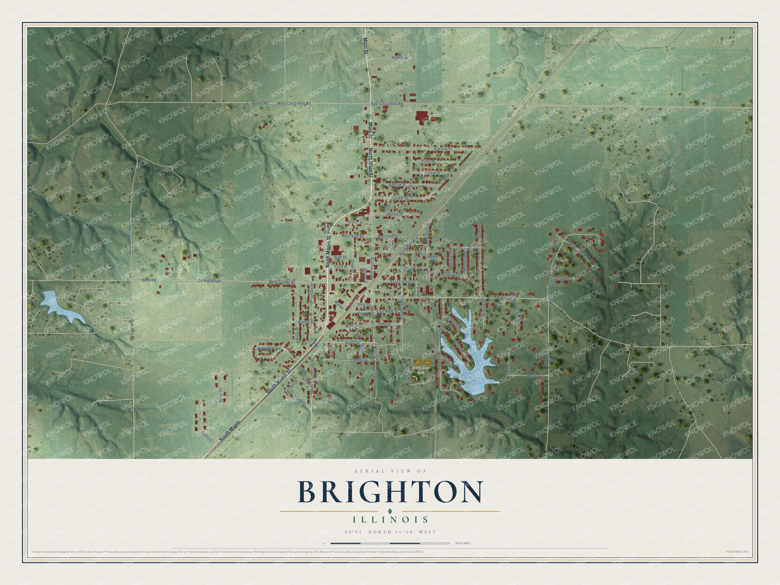 Full map of Brighton, Illinois, with red buildings, printed street names and the land around them