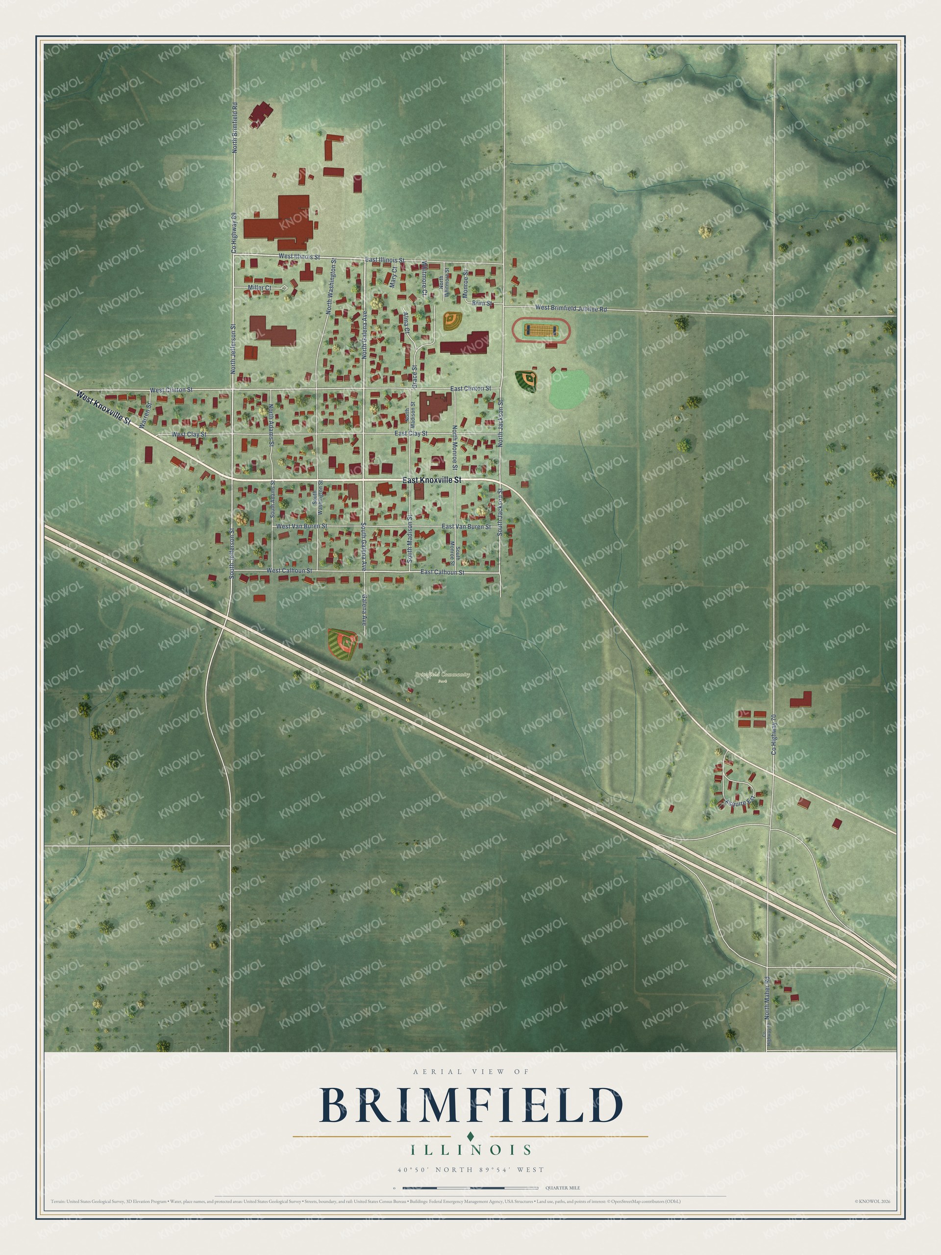 Full map of Brimfield, Illinois, with red buildings, printed street names and the land around them
